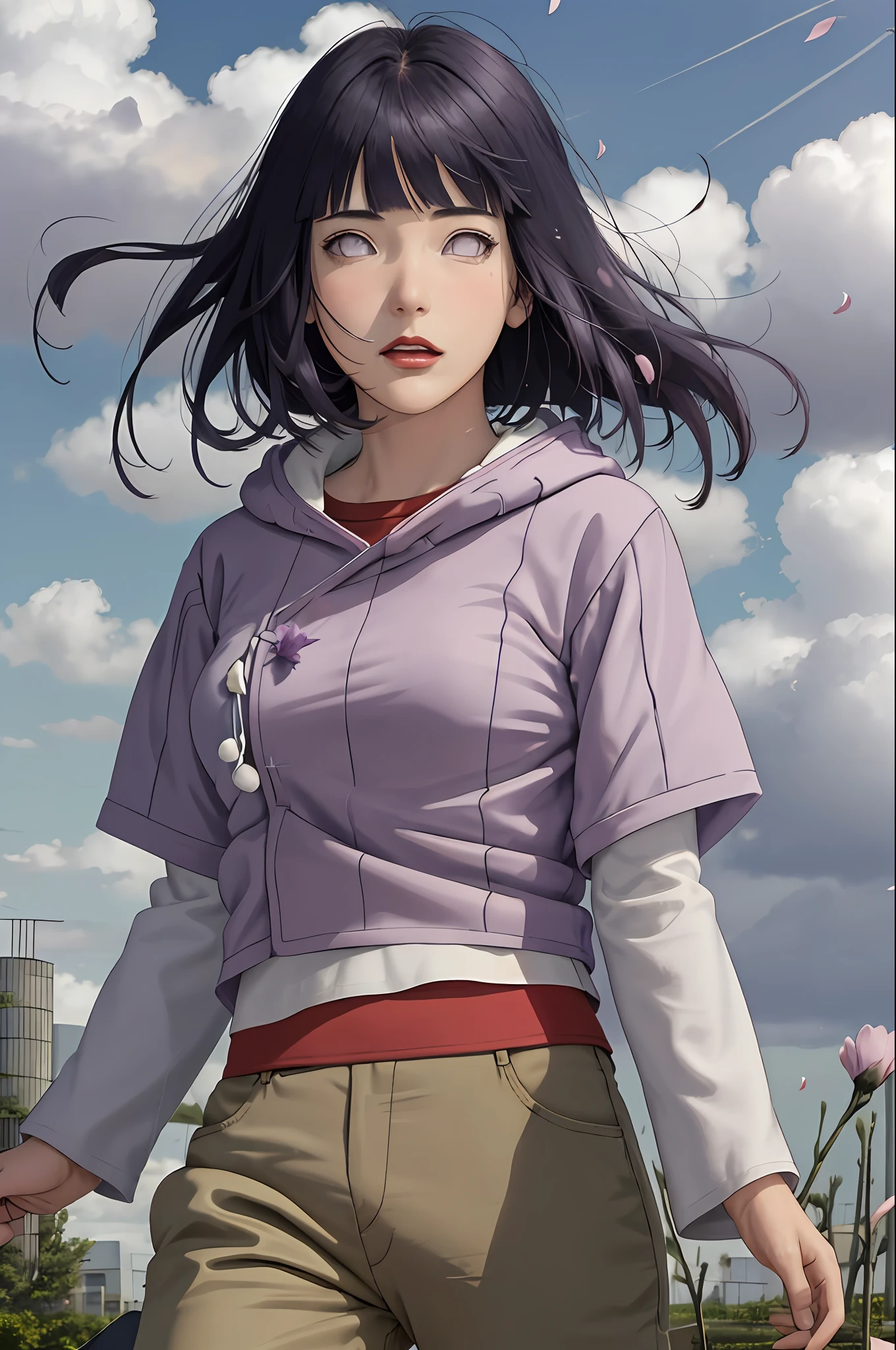 masterpiece, absurdres, hinata\(boruto\), 1girl, solo,mature female, purple hoodie,layered sleeves, brown pants,  outdoors,lavender flower field, wind, floating hair, looking at viewer, (falling petals), cloudy sky, perfect composition, detailed lips, medium breast, beautiful face, body propotion, blush, ((red lips)), long hair