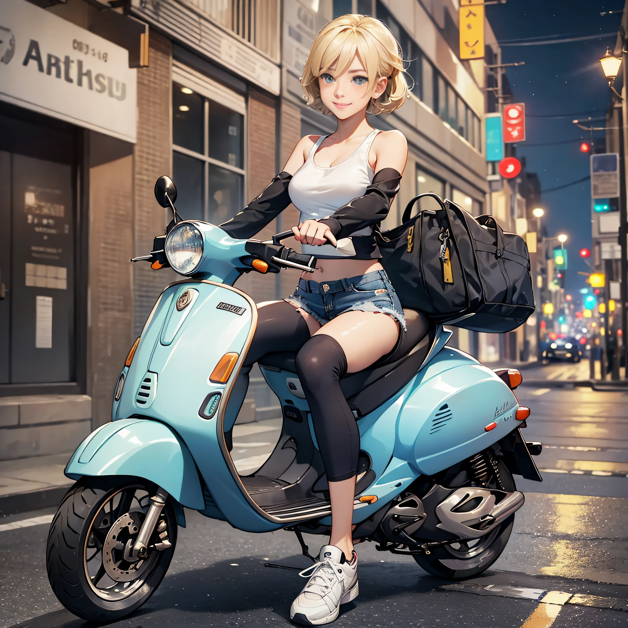 {{masterpiece, best quality, extremely detailed CG, unity 8k wallpaper, cinematic lighting}}, The cityscape along Yokohama Port, a beautiful girl riding a VESPA (scooter), 1Girl, The protagonist is a stunning upper body girl, blonde short bob , smile, wearing a white tank top, distressed denim shorts: 1.3, white basketball shoes, VESPA, scooter,