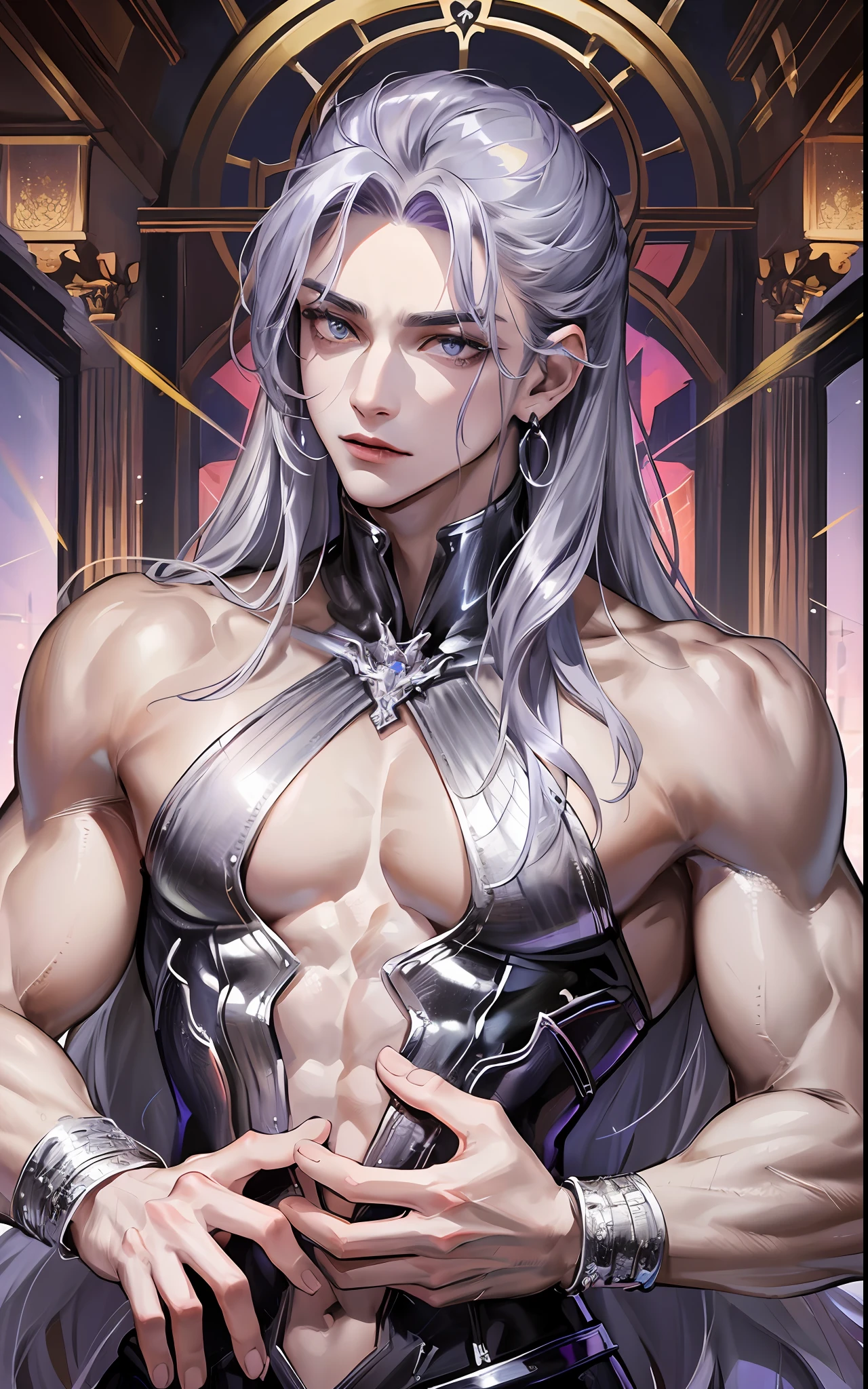 man, masculine, masculine face, attractive, muscular, ((1man)), masterpiece, absurdres, best quality ,intricate details , (shiny skin, shiny body, shiny oily luster skin, shiny hair, pale skintone), Sundown, attractive, ((muscular)), adult, one, ((open chest)), ((no blouse)), earrings, black pants, Don't look at the view , Not looking at the view, purple blue long hair, perfect detailed face, perfect detailed hands, vampire, silver gray eyes, ((MLS)), medium large shoot