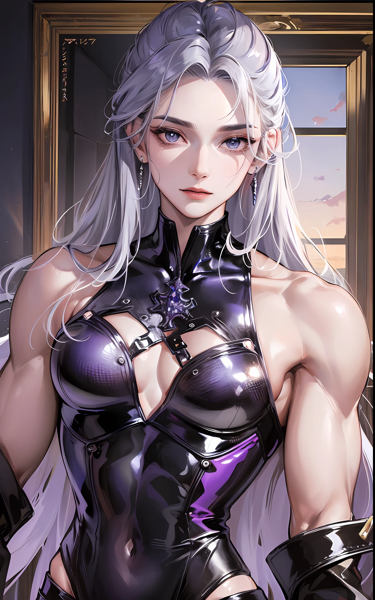 man, masculine, masculine face, attractive, muscular, ((1man)), masterpiece, absurdres, best quality ,intricate details , (shiny skin, shiny body, shiny oily luster skin, shiny hair, pale skintone), Sundown, attractive, ((muscular)), adult, one, ((open chest)), ((no blouse)), earrings, black pants, Don't look at the view , Not looking at the view, purple blue long hair, perfect detailed face, perfect detailed hands, vampire, silver gray eyes, ((MLS)), medium large shoot
