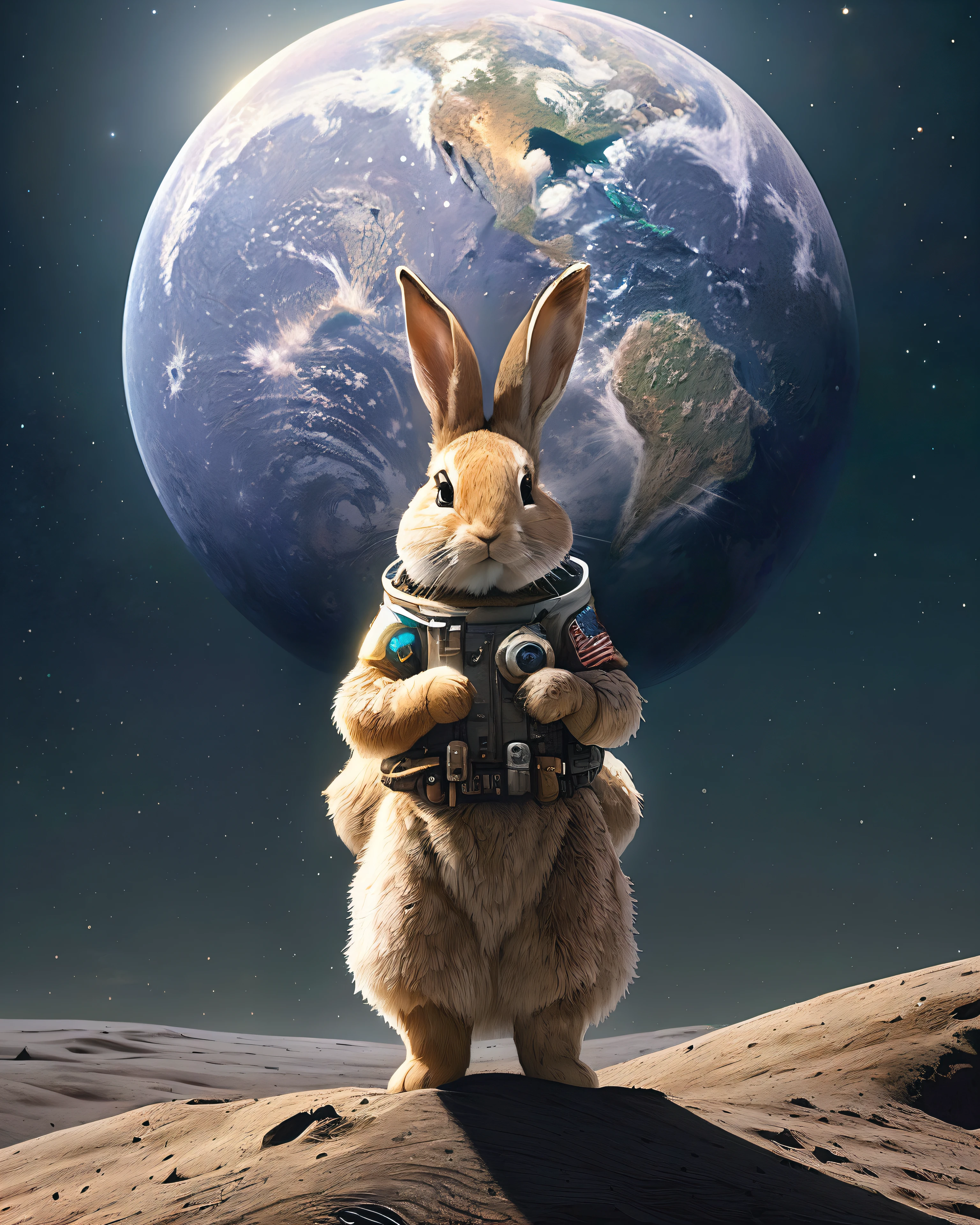 masterpiece, best quality,, realistic,rabbit, on the moon:, (earth:1.3) background, detailed, trending, artstation, deviantart, artstation hd, 8k, high resolution, detailed, art, fantasy, fantasy art, in the style of greg rutkowski