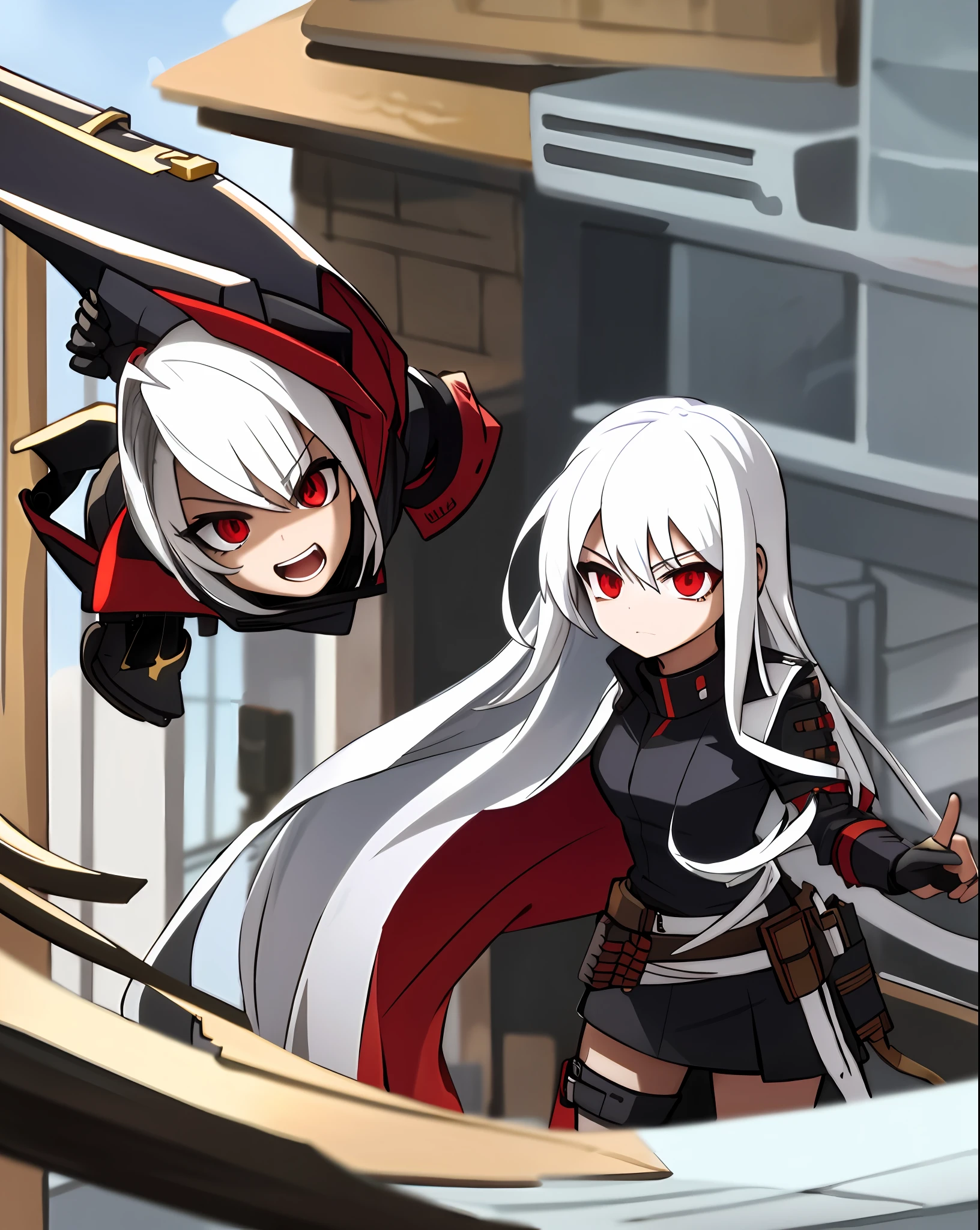 Assassin, girl, cute, super long, white hair, red eyes, black gloves