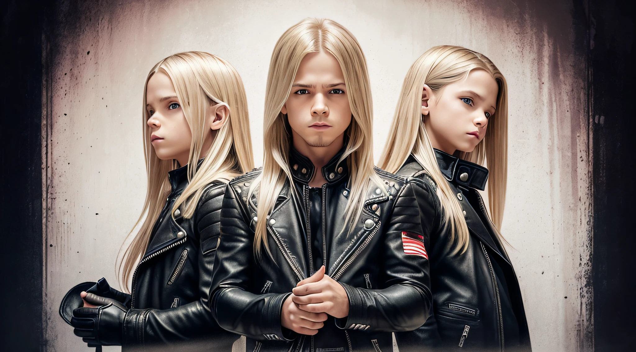 3 BOYS Russian children with 20 years WITH LONG STRAIGHT BLONDE HAIR, LEATHER JACKET AND BLACK CLOTHING, PORTRAIT STYLE, a closeup, album cover, evil album cover, alternate album cover, metal album cover, album cover, 2 0 0 6 promotional publicity photo, metallica, heavy rock band promotional photo, drew struzan tomasz alen kopera, album art, album cover art, megadeth, maiden, album, heavy metal album cover, LOTS OF FIRE, HELLISH.