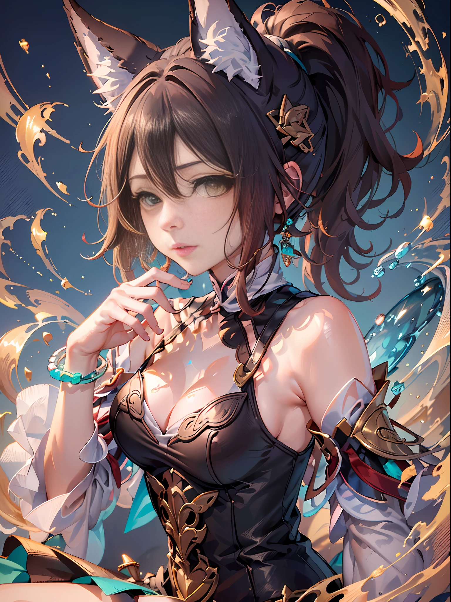 (Best quality: 1.3), (Masterpiece: 1.3), (Ultra Detail: 1.3), (wallpaper, 1girl, solo, official, brown hair, animal ears, ponytail, hair ornament, green eyes, red eyeshadow, jewelry, detached sleeves, medium breasts, dress, 狐狸 tail, bracelet: 1.1),([diamond:1.3|eyes]:1.2), ([opal:1.9|gradient_hair:1.3]:1.2), (hair dripping:1.25), (detailed hands and fingers:0.9),,tbcc illustration,(detailed super oily shiny skin:1.1),([wet:0.8|mucus]),wet thighhighs,