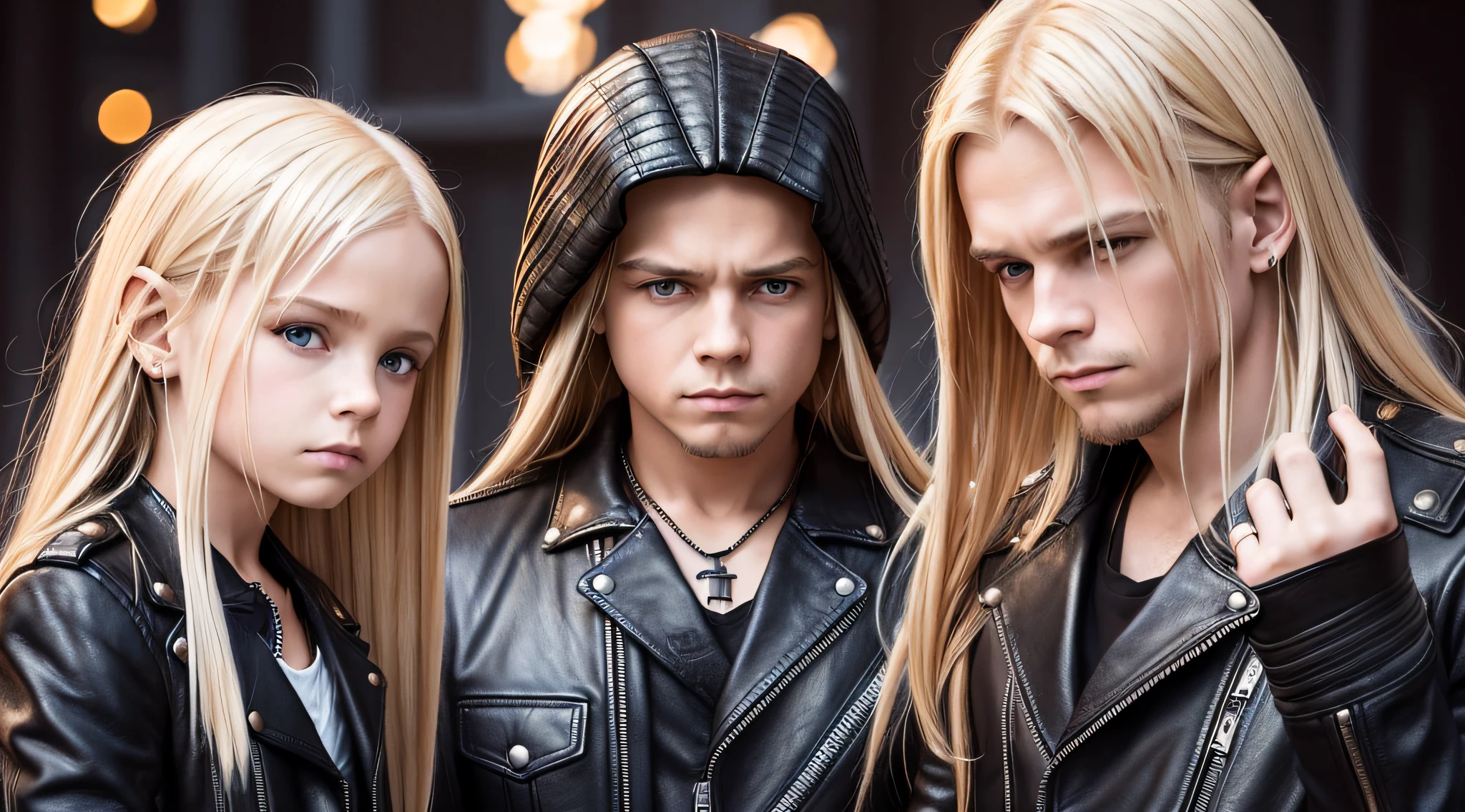 3 BOYS Russian children with 20 years WITH LONG STRAIGHT BLONDE HAIR, LEATHER JACKET AND BLACK CLOTHING, PORTRAIT STYLE, a closeup, album cover, evil album cover, alternate album cover, metal album cover, album cover, 2 0 0 6 promotional publicity photo, metallica, heavy rock band promotional photo, drew struzan tomasz alen kopera, album art, album cover art, megadeth, maiden, album, heavy metal album cover, LOTS OF FIRE, HELLISH.