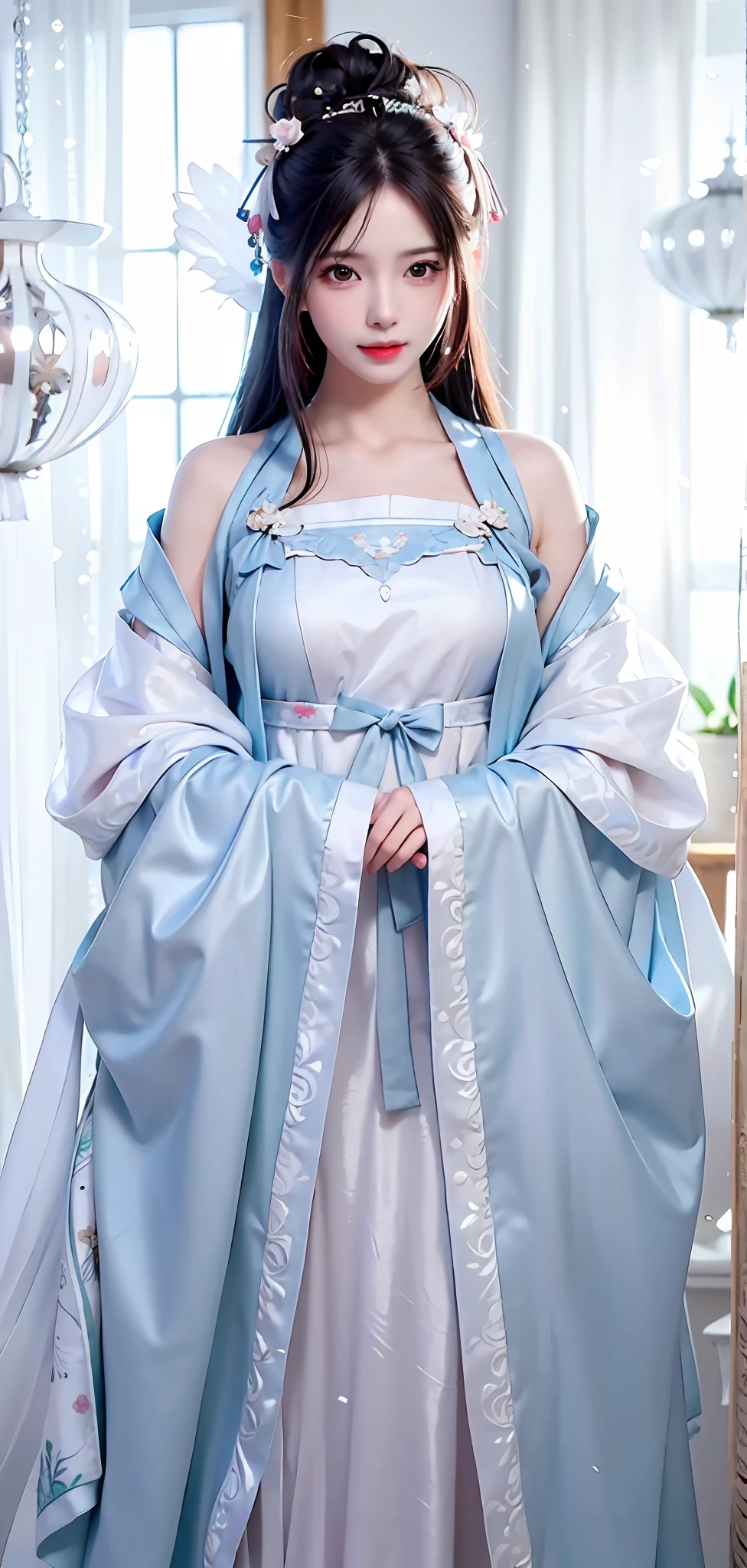 [:( High Detail Face:1.2):0.1], (8k, RAW photo, best quality, mastery:1.2), (realistic, photo-realistic:1.37), (((back))),((upper body)), best quality, HDR, cinematic lighting, natural lighting, best quality, masterpiece, high resolution, 1girl, supple, hair accessory, necklace, jewelry, beautiful face, body, Tyndall effect, realism,, edge lighting, duotone lighting, 8k uhd, DSLR, soft light, high quality, volumetric lighting, photo, high resolution, 4k, 8k, bokeh, ((Hanfu)),