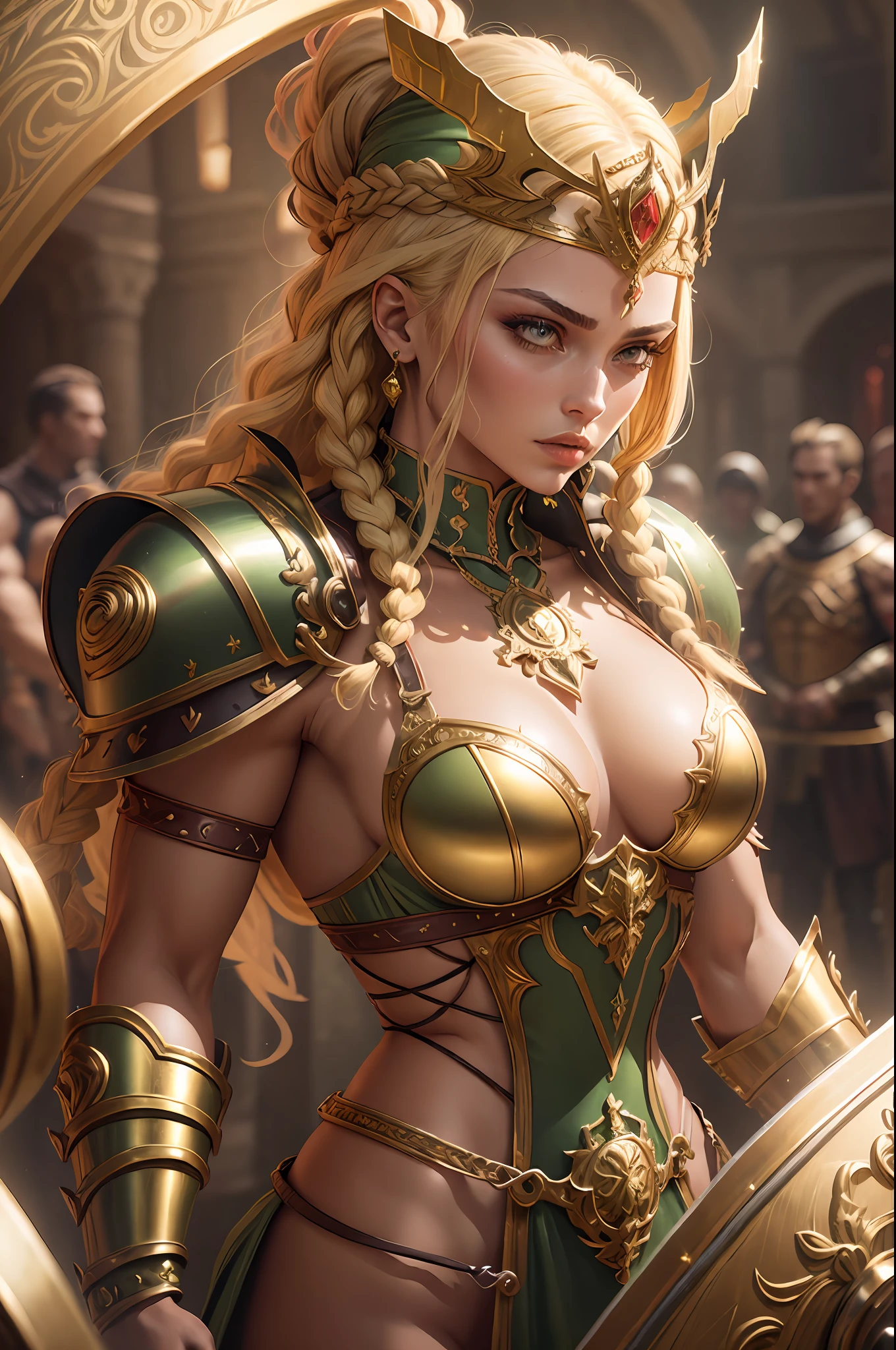 Muscular woman with blonde hair with braids, (medieval punk green neckline armor). Bright chrome gold lingerie with sharp reflections. Gems. Bare shoulders. Ornate red hat. Detailed lighting. Artwork. Extreme beauty. Clothing with intense colored gradient effect. Professional image with high saturation. Professional camera. Illustration. Vibrant colors.