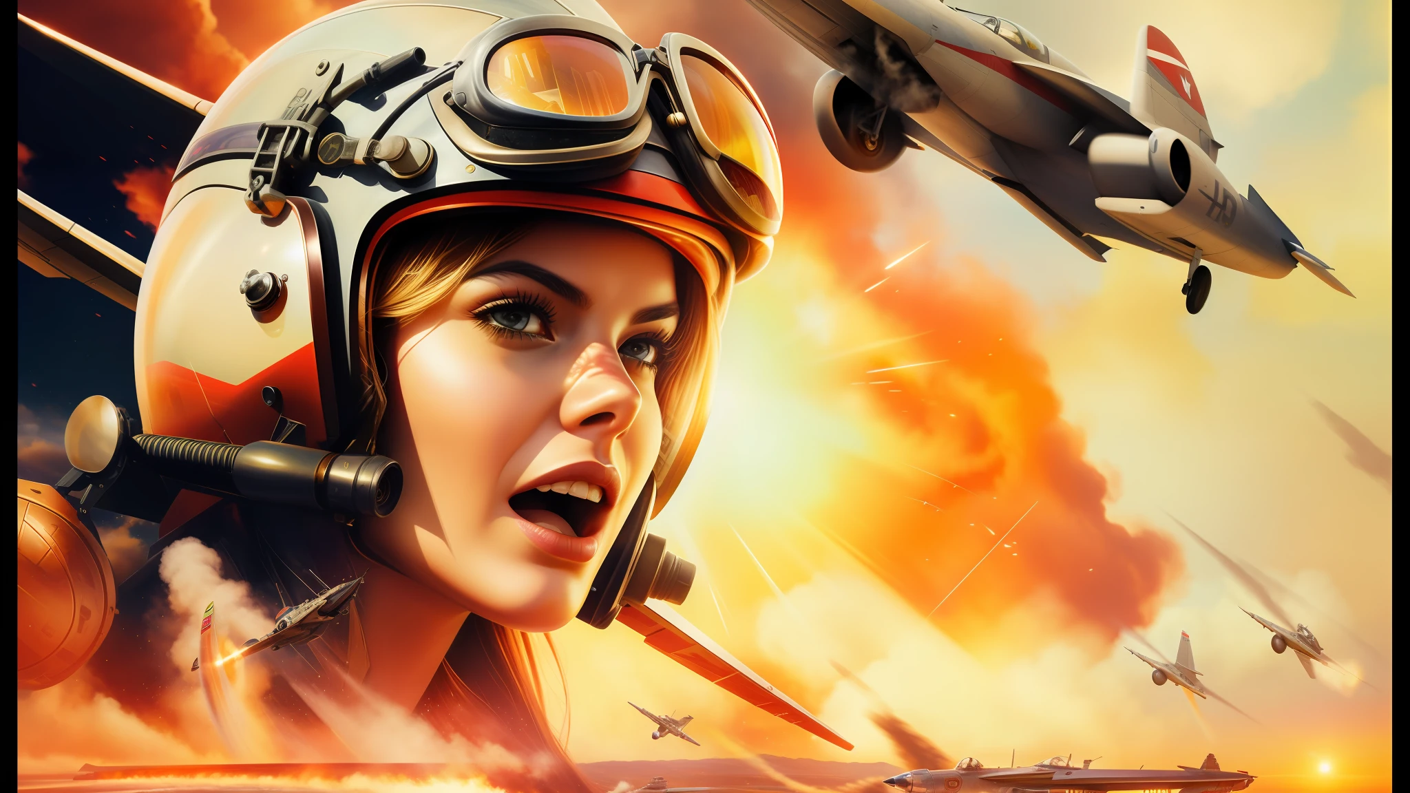 there is a woman in a helmet and goggles yelling, promotional images, jet fighter background, red sky background, theron, photorealistic digital art, gorgeous female samara weaving, biplanes, charli bowater and artgeem, hyperspeed, in style of dieselpunk, website banner, furious gorgeous woman