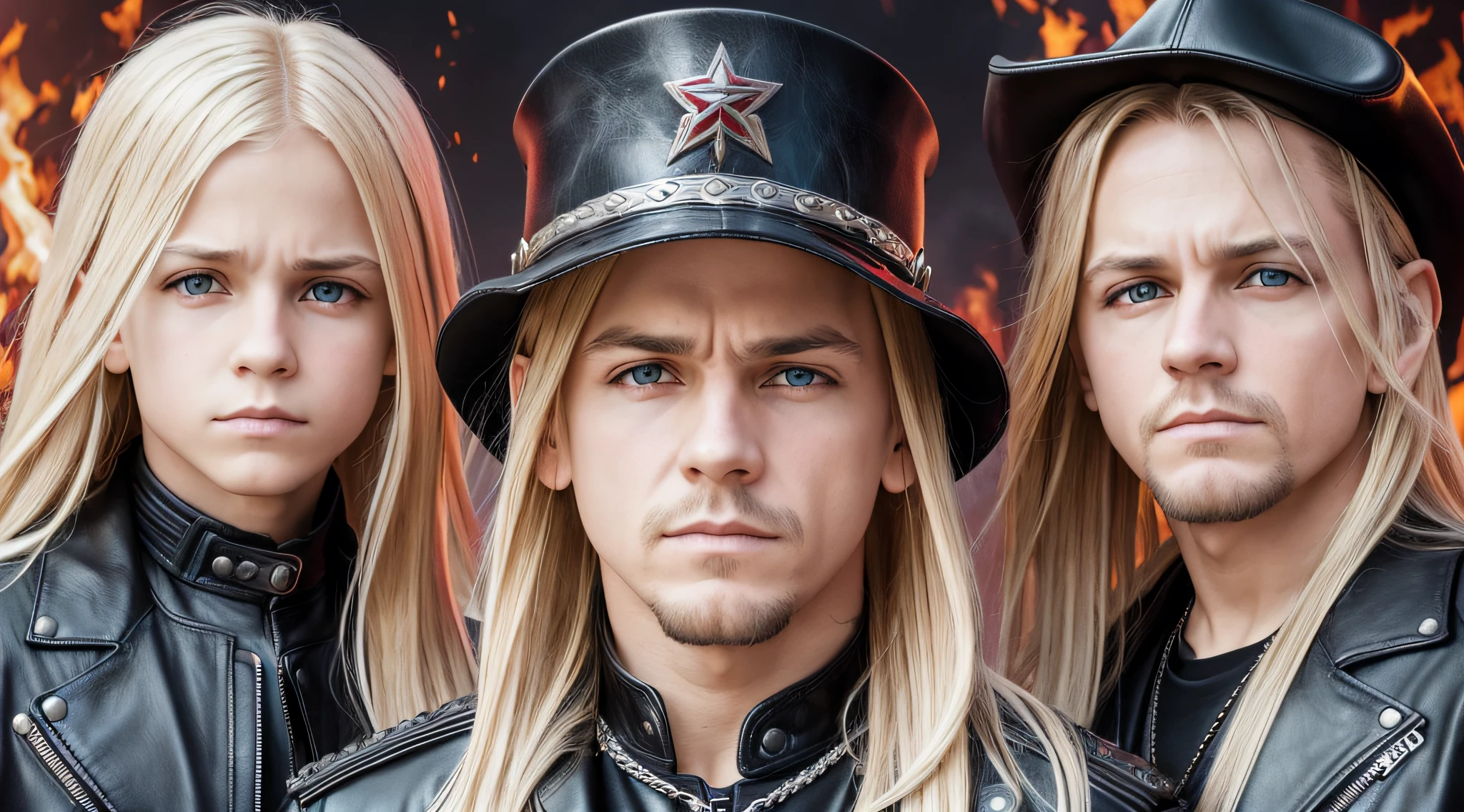 3 BOYS Russian children with 20 years WITH LONG STRAIGHT BLONDE HAIR, LEATHER JACKET AND BLACK CLOTHING, PORTRAIT STYLE, a closeup, album cover, evil album cover, alternate album cover, metal album cover, album cover, 2 0 0 6 promotional publicity photo, metallica, heavy rock band promotional photo,  drew struzan tomasz alen kopera, album art, album cover art, megadeth, maiden, album, heavy metal album cover, LOTS OF FIRE, HELLISH.