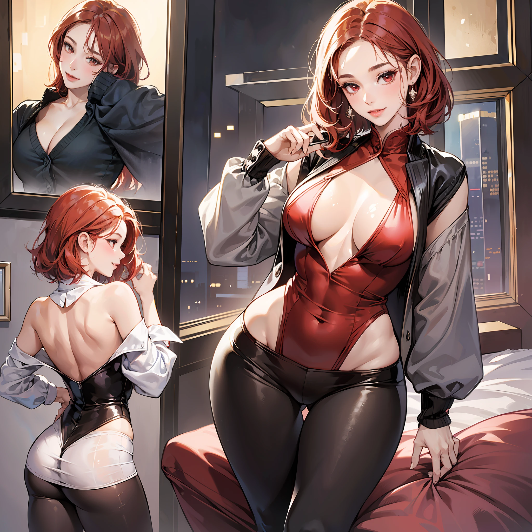 Adult Girl, (smile: 0.6), short red hair, (big breasts: 1.1), red eyes, sexy, small waist, (big buttocks), sheer cardigan, (masterpiece: 1.2, superb), realistic, (real shot, fine crafted, depth of field), (1girl, solo), makeup, noble, (noble shirt and leggings: 1.3), elegant, blush, dignified, proud, confident, (fair and shiny skin), Gorgeous and diverse accessories, mature, married, (skinny), (big ass: 1.3), bonny, (small mouth), --auto --s2