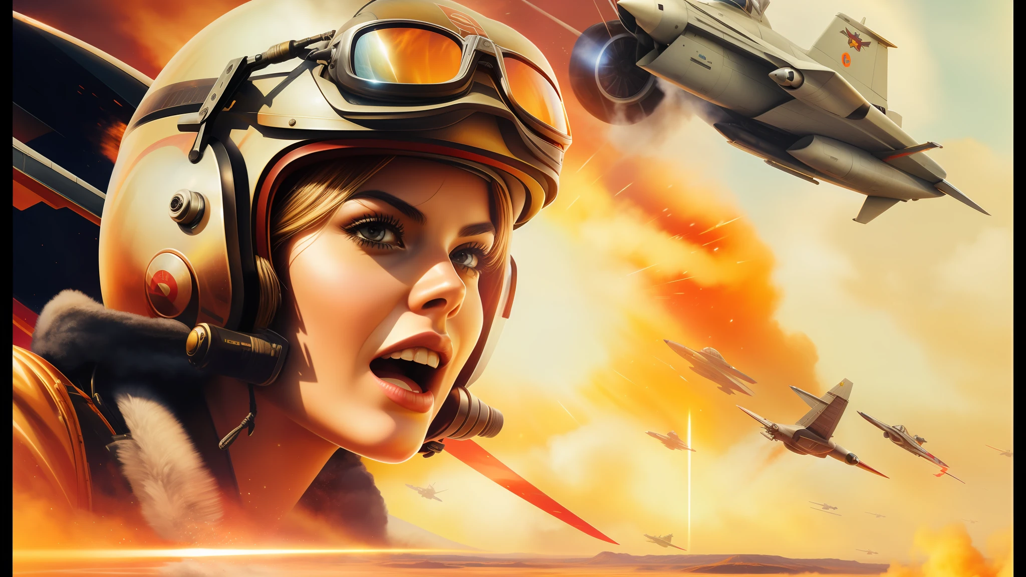 there is a woman in a helmet and goggles yelling, promotional images, jet fighter background, red sky background, theron, photorealistic digital art, gorgeous female samara weaving, biplanes, charli bowater and artgeem, hyperspeed, in style of dieselpunk, website banner, furious gorgeous woman