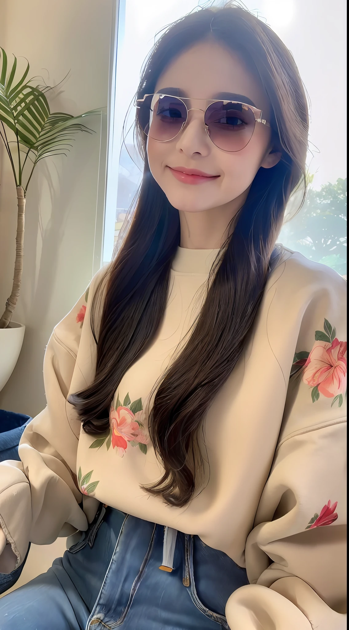 8K resolution, extreme picture quality, super high definition, a beauty, single, thick eyebrows, eyebrows upturned, extreme face, (long hair, tied with two balls hair style), color clear eyes, (smooth hair, delicate and perfect facial features, the most beautiful big eyes, long eyelashes, sweet eyes with silkworms, smile, gentle, seductive lips, smile, seductive smile, delicate skin, shiny, moisturizing skin, blushing face, ribbon trim, sunglasses, heavy makeup, (((wear colorful floral crewneck sweatshirt))), (( (New Perfect Jeans))), background floor-to-ceiling windows, high-rise buildings outside the window, ultra HD, dreamy, photorealistic light and shadow, hyper-realism, highest precision