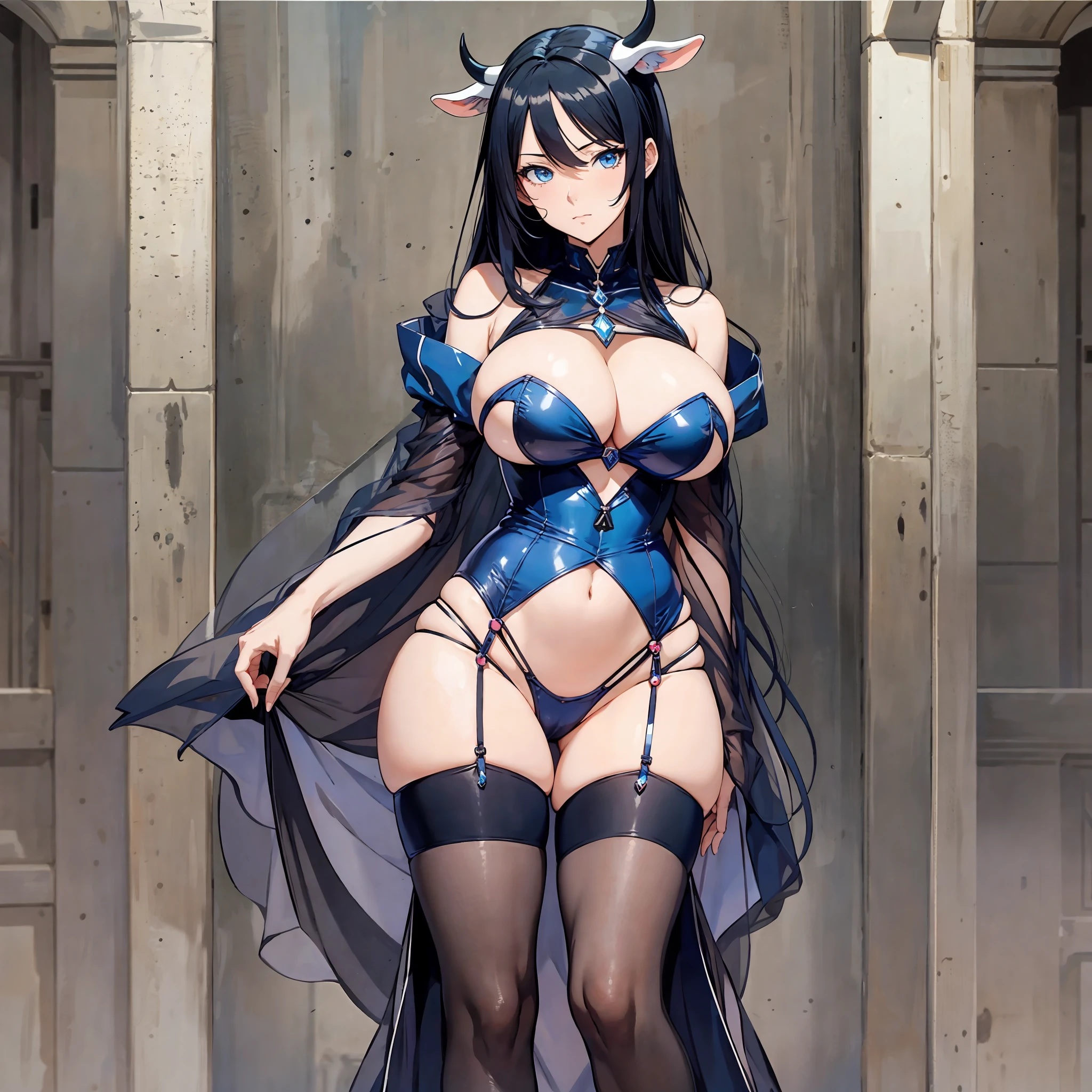 Masterpiece, anime, woman, milf, detailed, blue eyes, black hair, esrilo anime, well drawn, cow clothes, very large breasts, anime, full body, model pose, anime, milf, woman with cow clothes, very large breasts, neckline --auto --s2