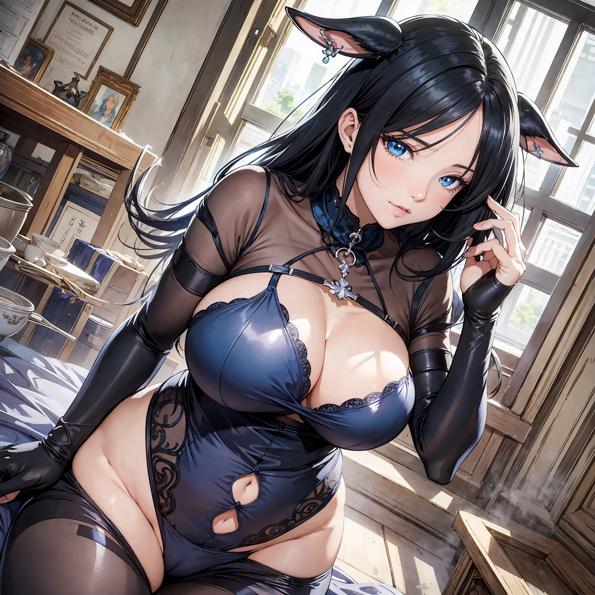 Masterpiece, anime, woman, milf, detailed, blue eyes, black hair, esrilo anime, well drawn, cow clothes, very large breasts, anime, full body, model pose, anime, milf, woman with cow clothes, very large breasts, neckline --auto --s2