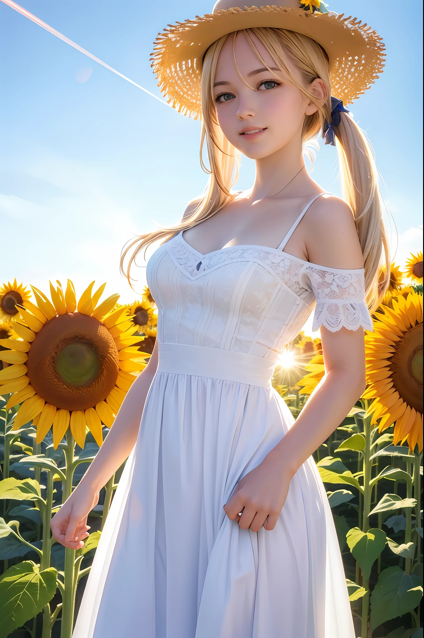(8k, RAW photo, realistic, photo-realistic:1.5), masterpiece, best quality, high resolution, extremely detailed, detailed background, cinematic lighting, dynamic angle, lens flare, dramatic, 1girl, cute girl, solo, wind, pale-blonde hair, blue eyes, very long twintails, white hat, white dress, blue sky, laugh, flying petal, flowery field, sky, sunflower, sun, field