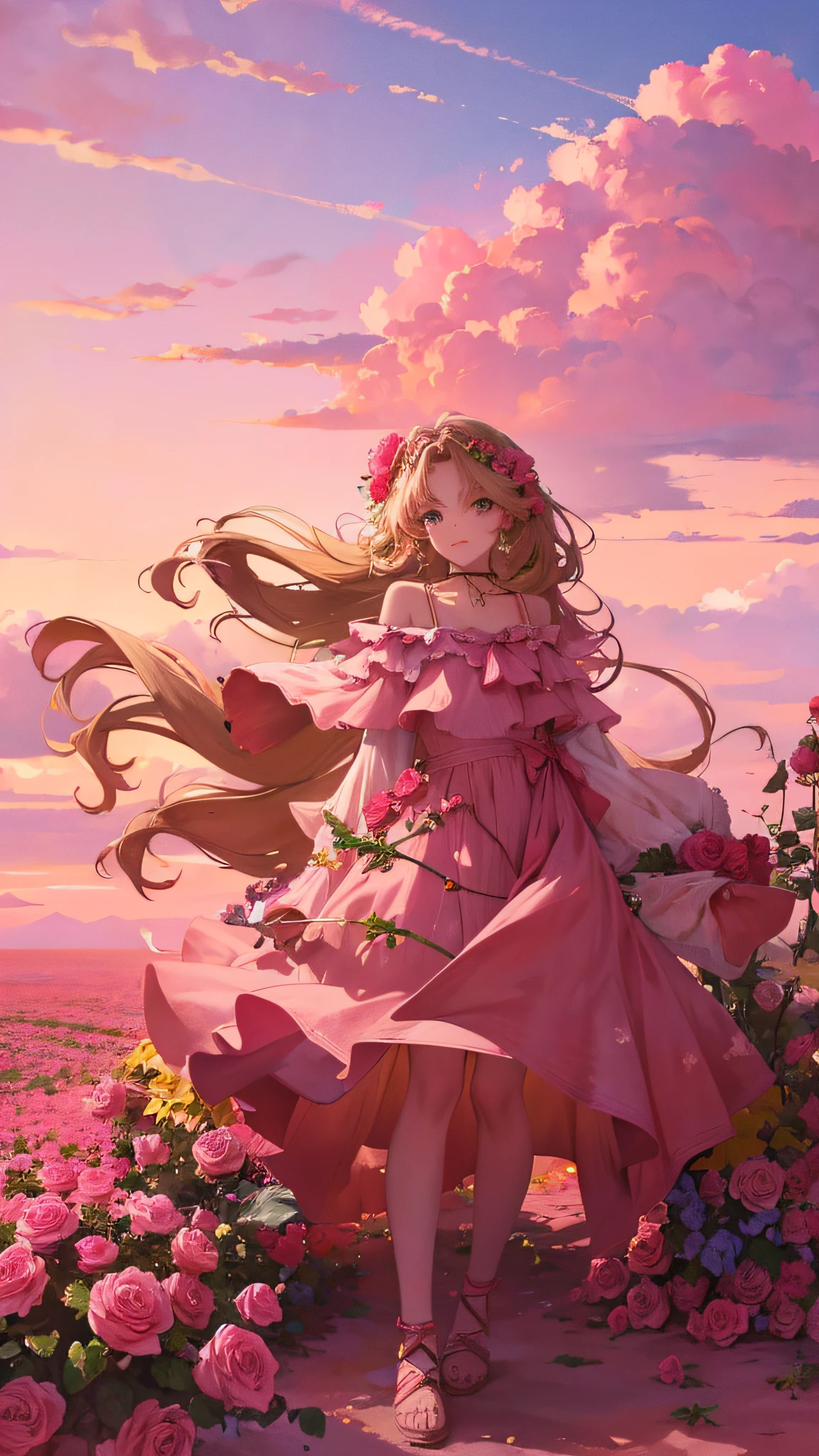 Summer, desert, pink clouds, a land overgrown with roses stands beautiful girl, James Gurney, art station rendered, ultra-wide lens, high definition