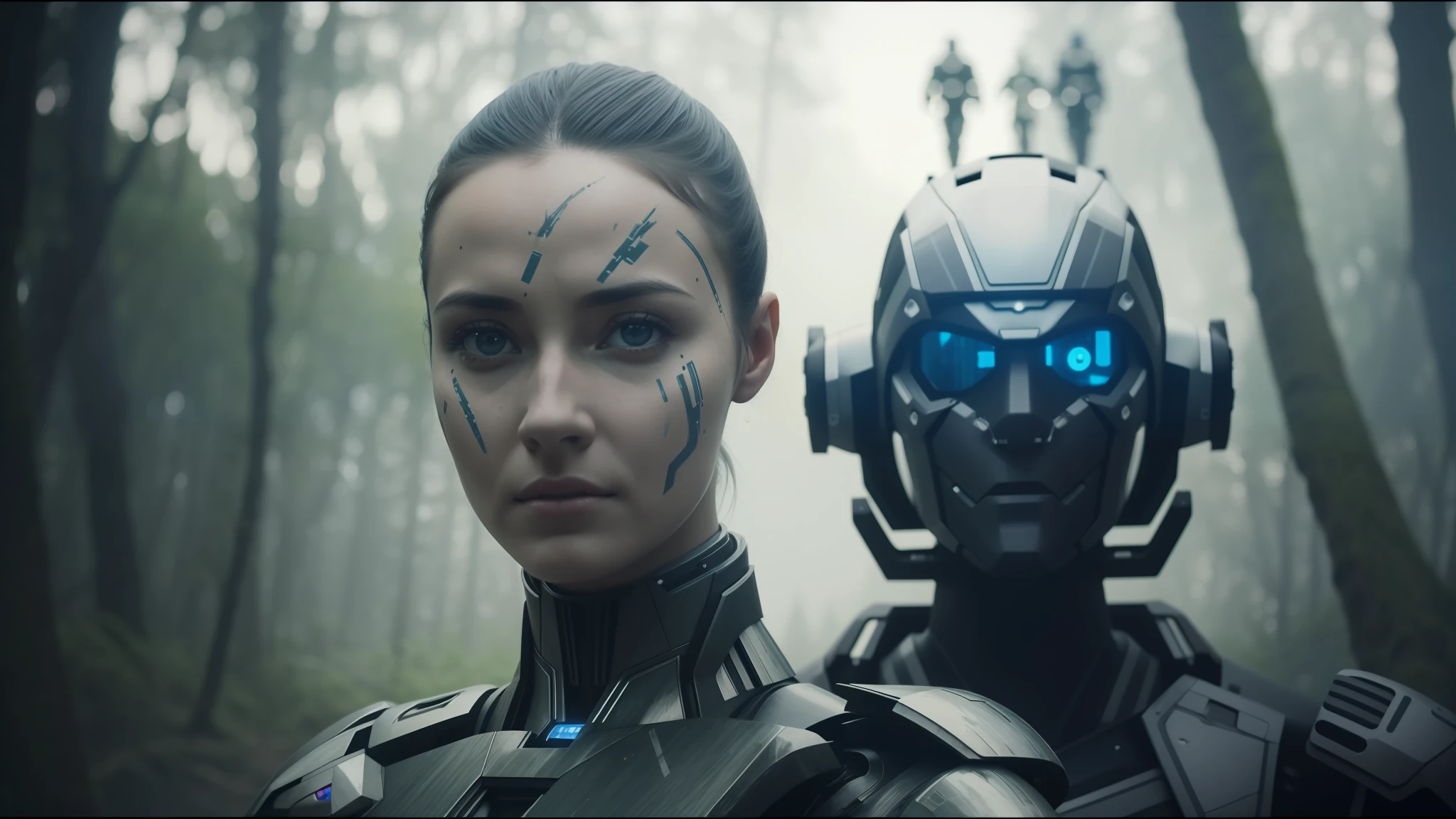 arafed woman in a futuristic suit and a robot in a forest, highly detailed vfx portrait, volodymyr zelensky at war, cyborg girl, inspired by Nikolai Yaroshenko, interconnected human lifeforms, still frame from a movie, by Sándor Brodszky, portrait of terminator, trending on artstattion