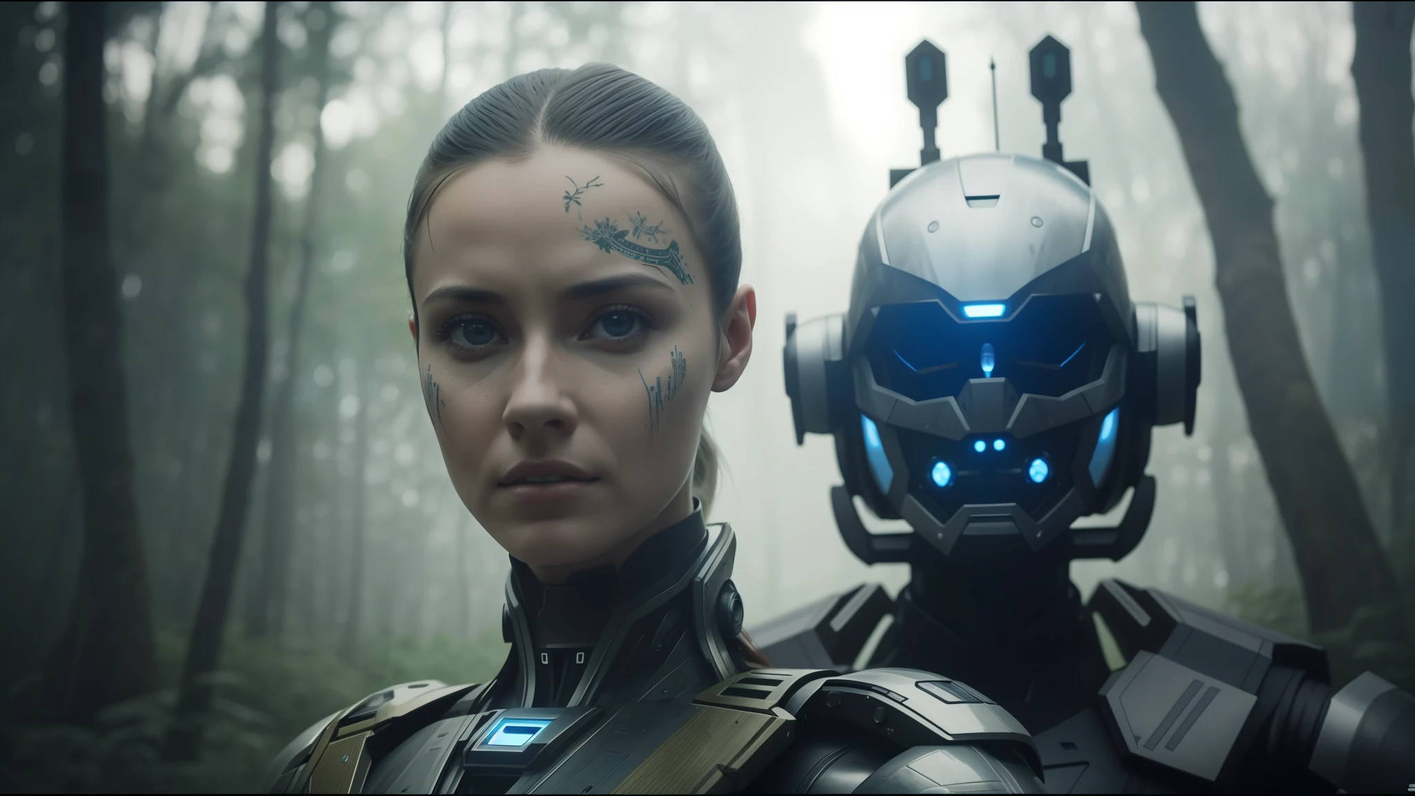 arafed woman in a futuristic suit and a robot in a forest, highly detailed vfx portrait, volodymyr zelensky at war, cyborg girl, inspired by Nikolai Yaroshenko, interconnected human lifeforms, still frame from a movie, by Sándor Brodszky, portrait of terminator, trending on artstattion