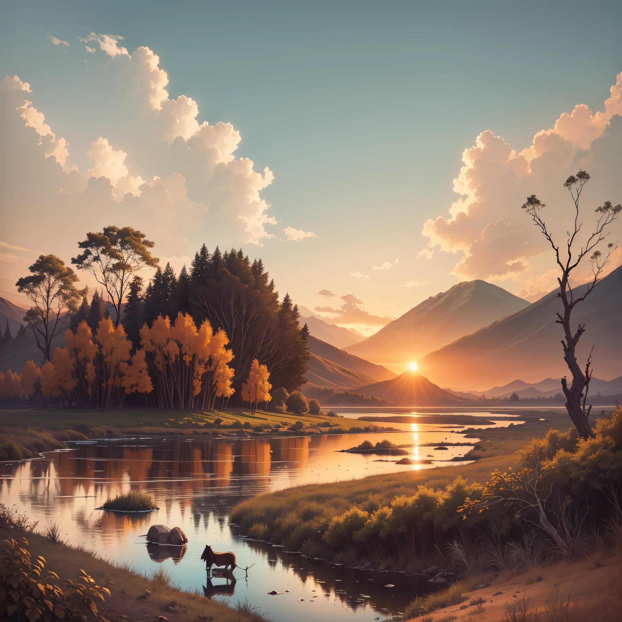 A simple and beautiful landscape painting, based on "dead vines, old trees, faint crows, small bridges and flowing water", the picture shows the ancient road and thin horse in the distance, the sunset is west, gradually disappearing between the mountains and forests, making people feel a feeling of a broken intestine in the end of the world. The picture is rich in details, the image is full of color, the overall atmosphere is poignant and far-reaching, and the poetry and painting reflect each other, full of literary artistic conception. --auto --s2