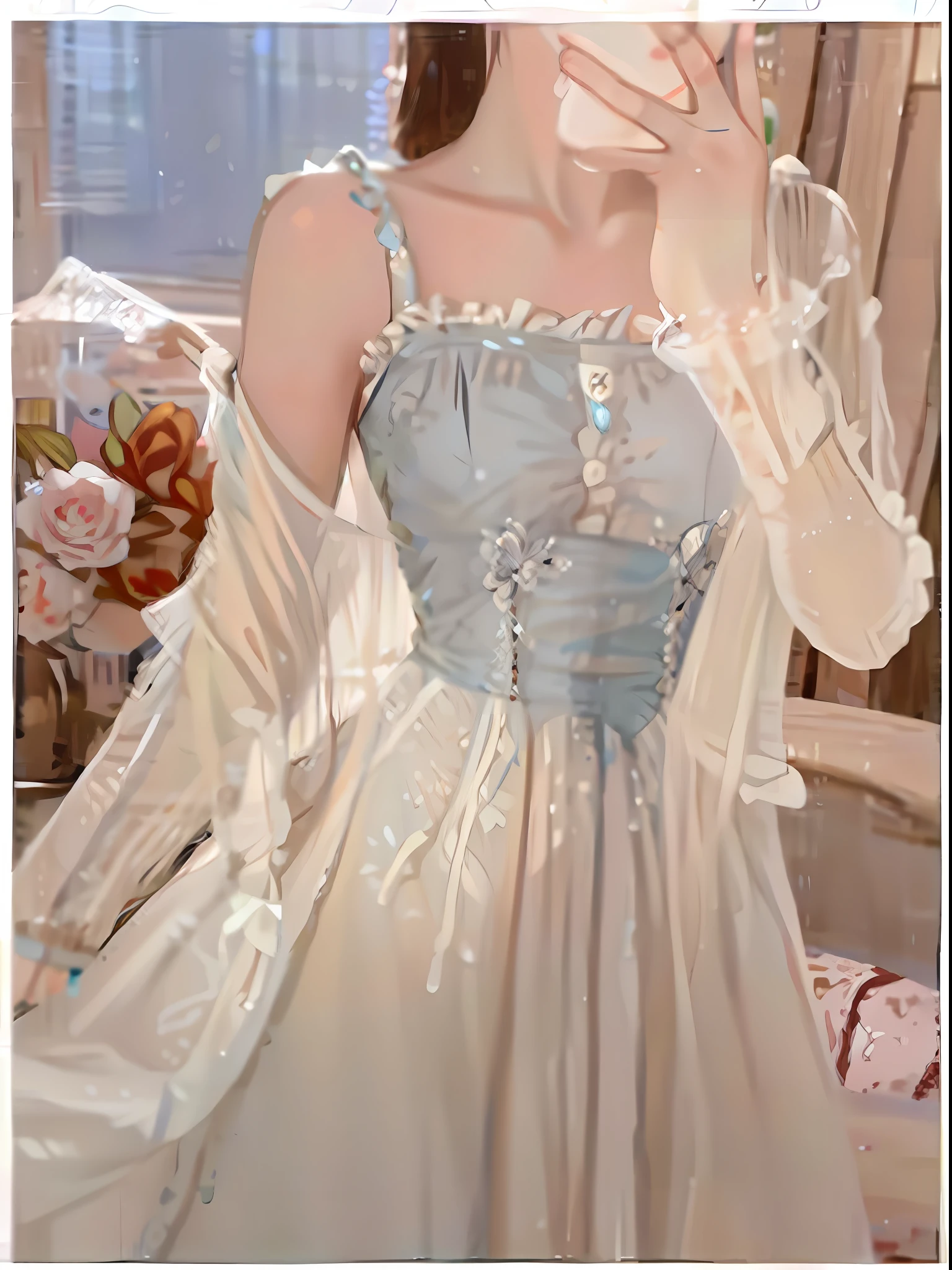Woman taking selfie in white dress and blue corset, romantic dress, dress and fabric, rococo dress in dressing gown, 8K)), smooth white tights set, dream style, rococo ruffle dress, rococo style dress, translucent silk dress, beautiful soft silk dress, beautiful clothes, soft, chiffon Various poses
