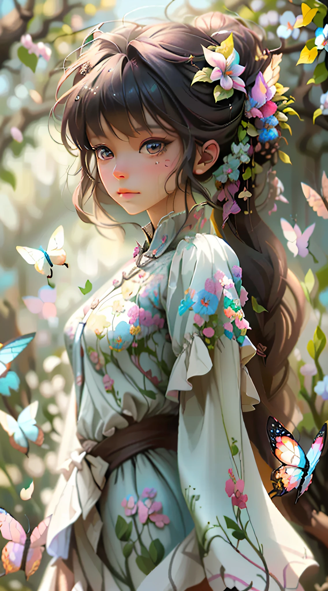 A girl with colorful and delicate flowers on her skin, with butterflies flying through her nose, branches of plants rising up her cheekbones, delicacy, beauty, digital art, 4k, HD