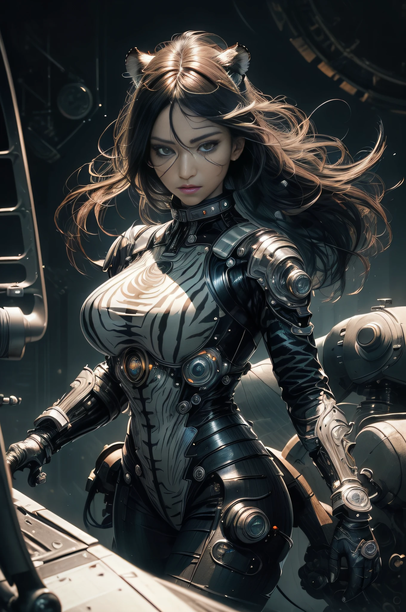 [Detailed illustrations, art based on extremely ideal anatomy, very detailed and detailed drawings, slow and delicate lines, realistic texture expression],((Accurate simulation of light-material interactions, understanding of air flow, mechanically correct expression)),(Design built at a high level,((Advanced structural understanding)),Ideal color coordination),((Complex decoration ( Ultra-dense detail)),(Detail,High Definition),(Color tressed lines)),(Artwork with outstanding craftsmanship),(Fine and beautiful skin expression (transparency))),(Perfect and beautiful face,Realistic face detail),(Perfect eye (Realistic pupil detail (Beautiful iris drawn in detail) (Sharp pupil))),((Perfectly proportioned proportions)),( Briefing Room Background),[HENTAI ANIME Girl Japanese Beauty Cyborg 17 Years Old Wild Hair] Muscular KARATE (Mechanical arms (built-in engine: 0.4)),[Black Leather Jacket] (Black Belt: 0.3),((Tiger) (Translucent Fitting Rubber Inner)) (((Tiger Stripe))),((Chrome Coated)), (Science Fiction Mechanical Bioengineering),[Ultra Precision Detail,High Quality,High Resolution,((Multilayer Texture))],((Visual Art with a Narrative Feel)).