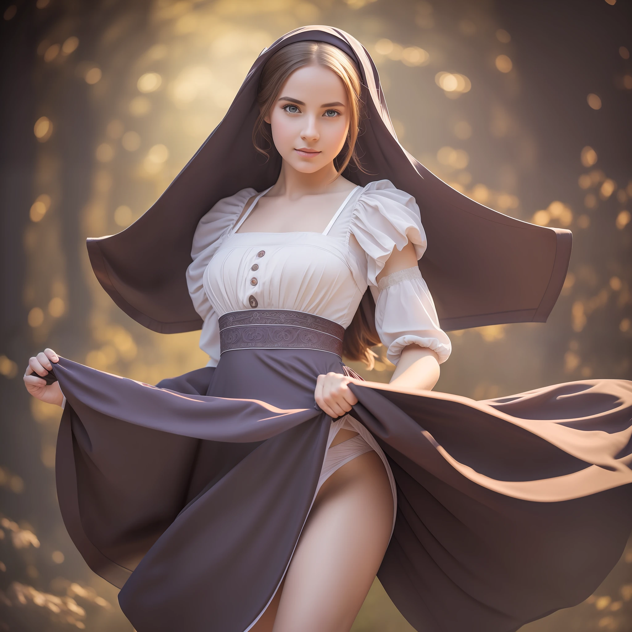 Full body view (full-length portrait of girl lifting skirt), (in medieval long dress, intimate, detailed: 1.3), (panties: 1.3), (very detailed face: 1.4), (white background: 1.2), (8k, uhd, DSLR, high quality, cinematic lighting, bokeh), (dramatic, award-winning photography, incredible masterpiece: 1.3)