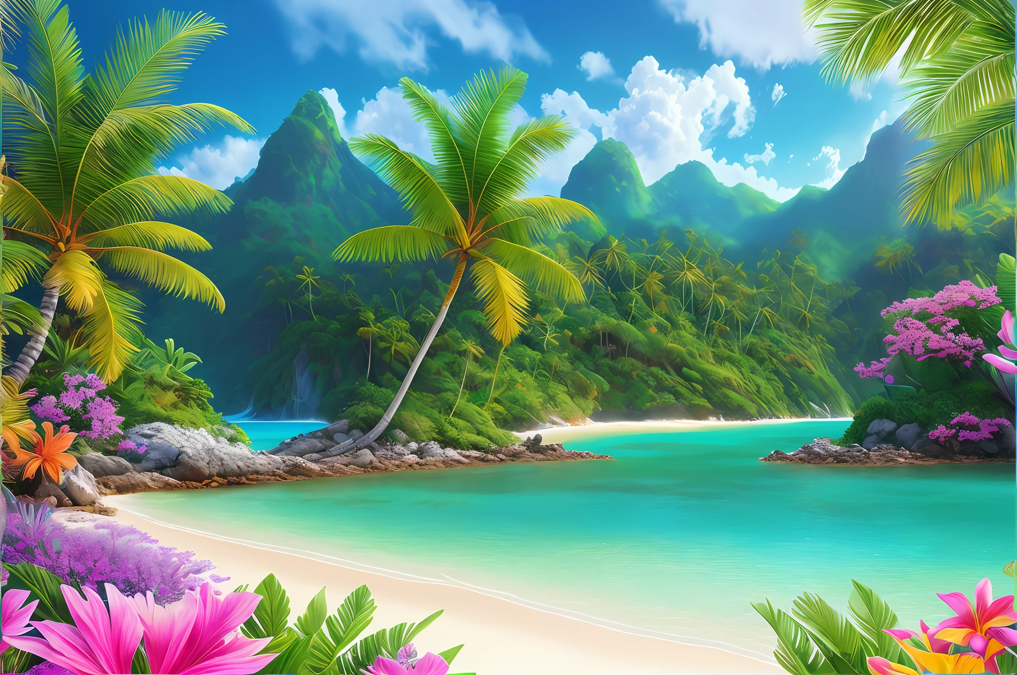 tropical crystal sea landscape, water, (extremely detailed CG 8k unit wallpaper), world's finest artwork, professional majestic oil painting, complex, high detail, sharp focus, dramatic, photorealistic painting art, lots of lush flowers (flower groves)