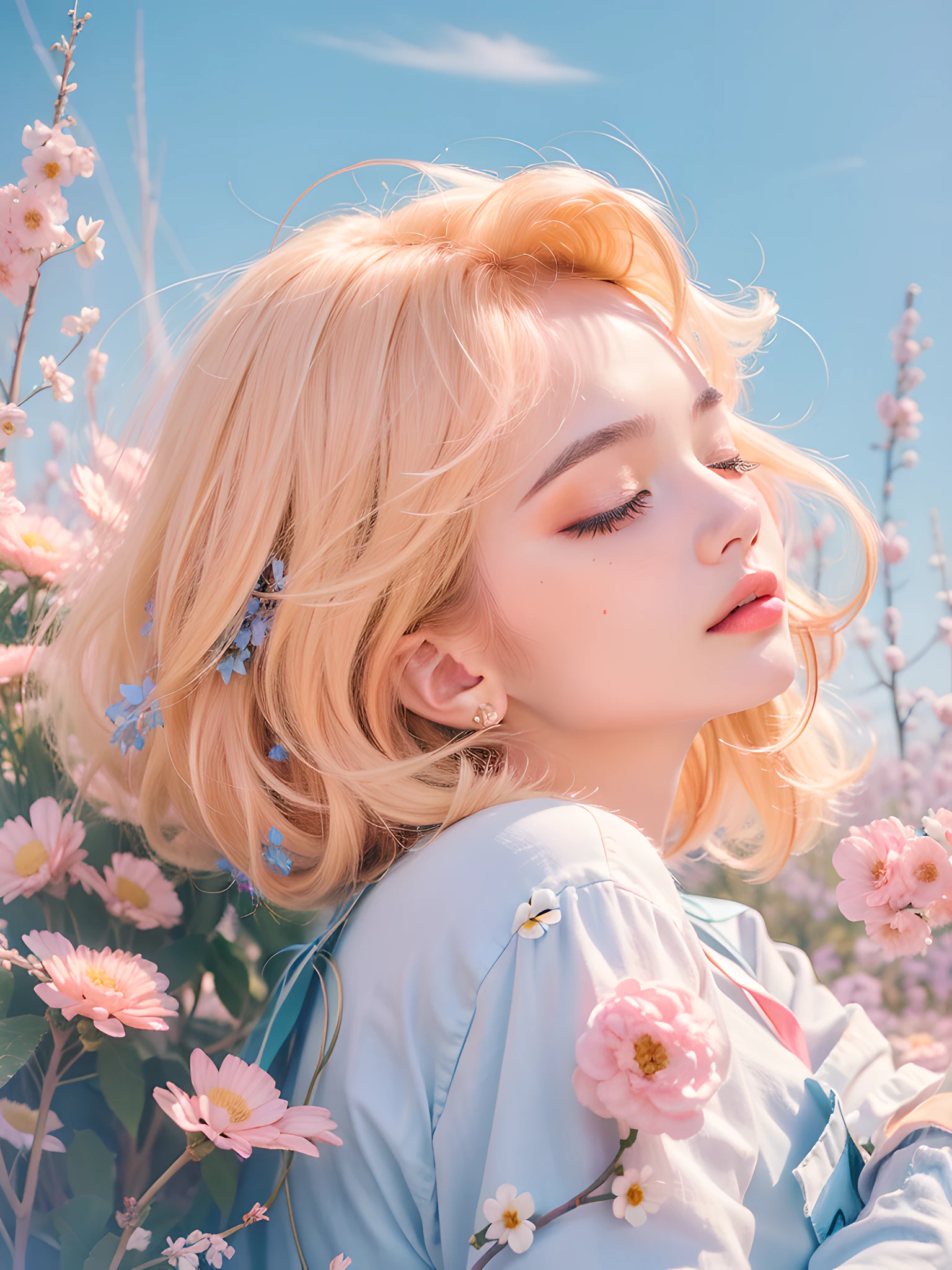 (photorealistic:1.4), best quality, masterpiece, ultra high res, 1girl, (detailed face:1.2), (detailed eyes:1.2), (detailed hair:1.2), (detailed clothes:1.2), 4k, flower, florest, (makeup:1.2), (closed eyes)
