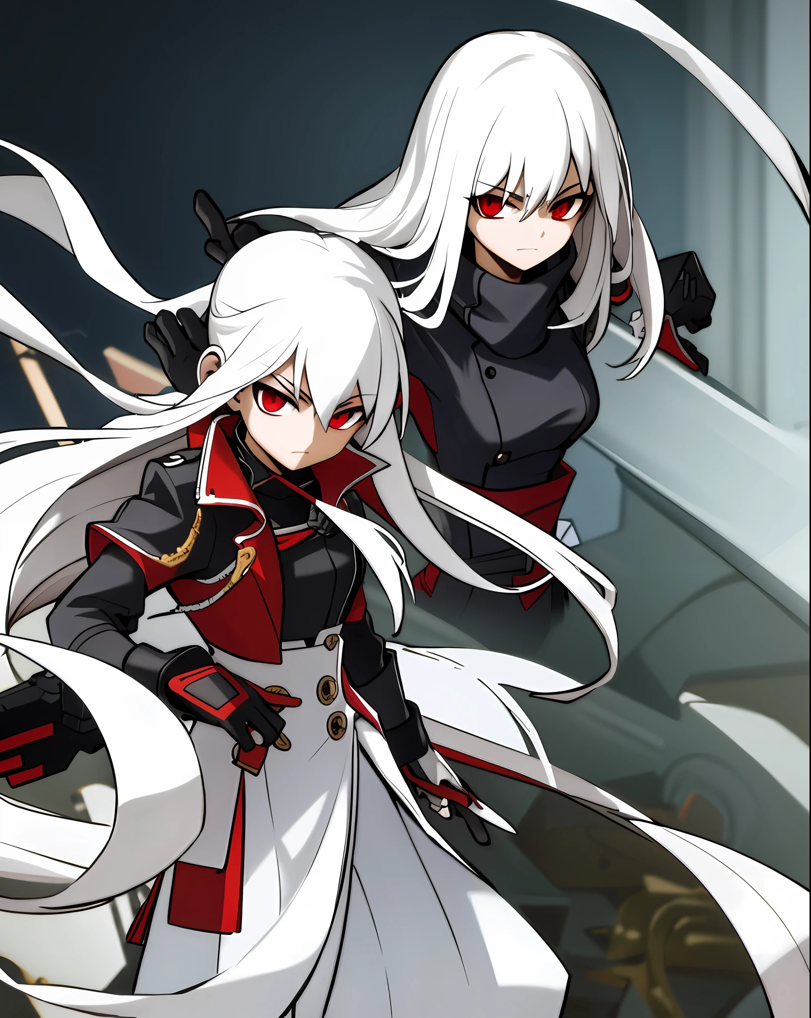 Assassin, girl, cute, super long, white hair, red eyes, black gloves