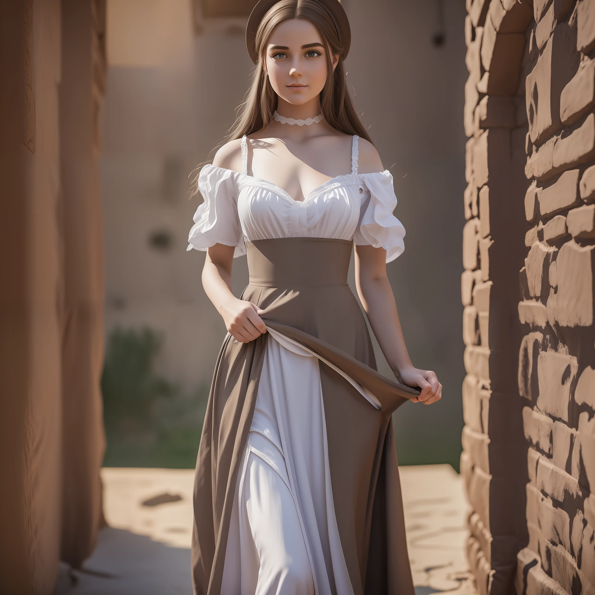 Full body view (full-length portrait of girl lifting skirt), (in medieval long dress, intimate, detailed: 1.3), (panties: 1.3), (very detailed face: 1.4), (white background: 1.2), (8k, uhd, DSLR, high quality, cinematic lighting, bokeh), (dramatic, award-winning photography, incredible masterpiece: 1.3)