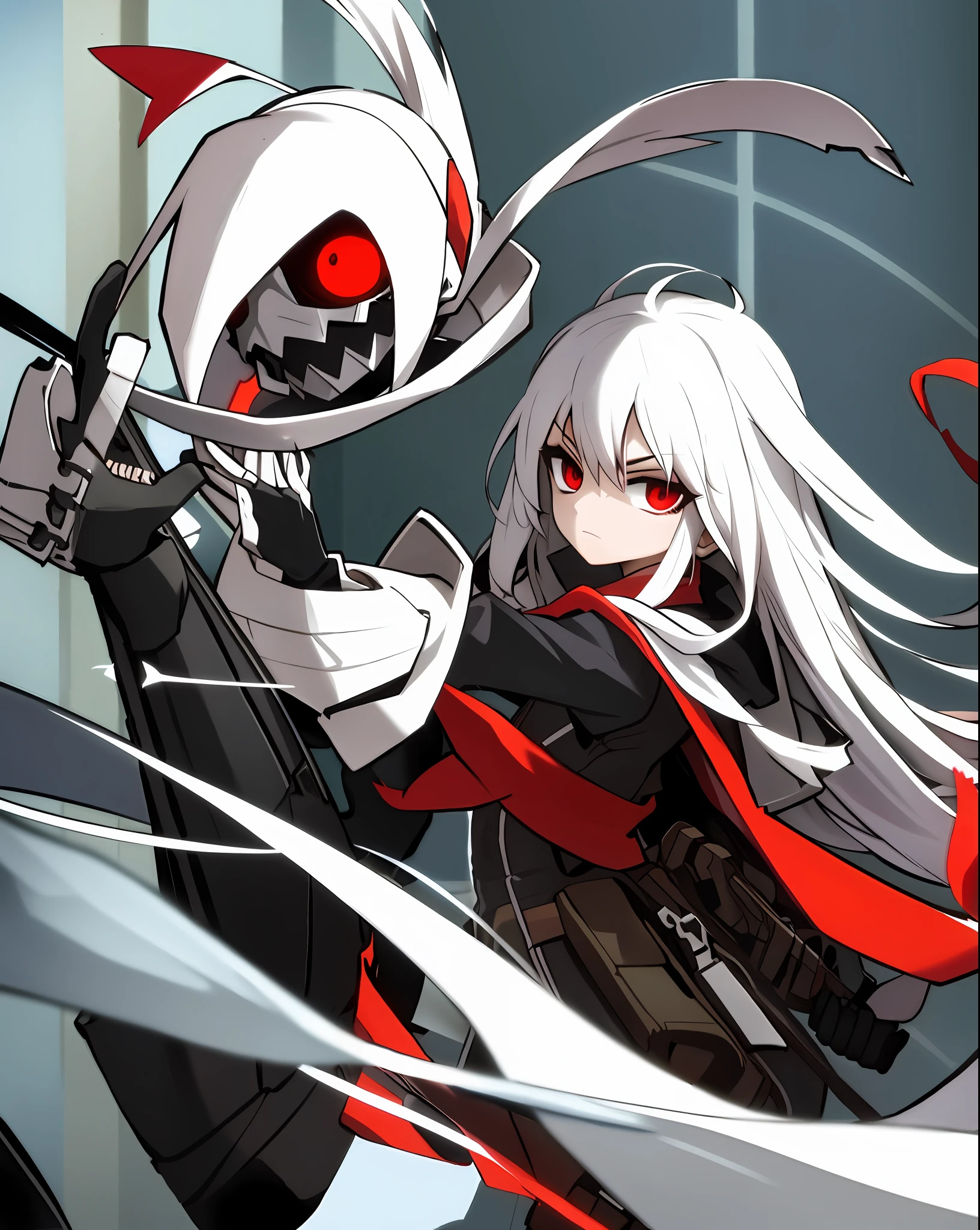 Assassin, girl, cute, super long, white hair, red eyes, black gloves