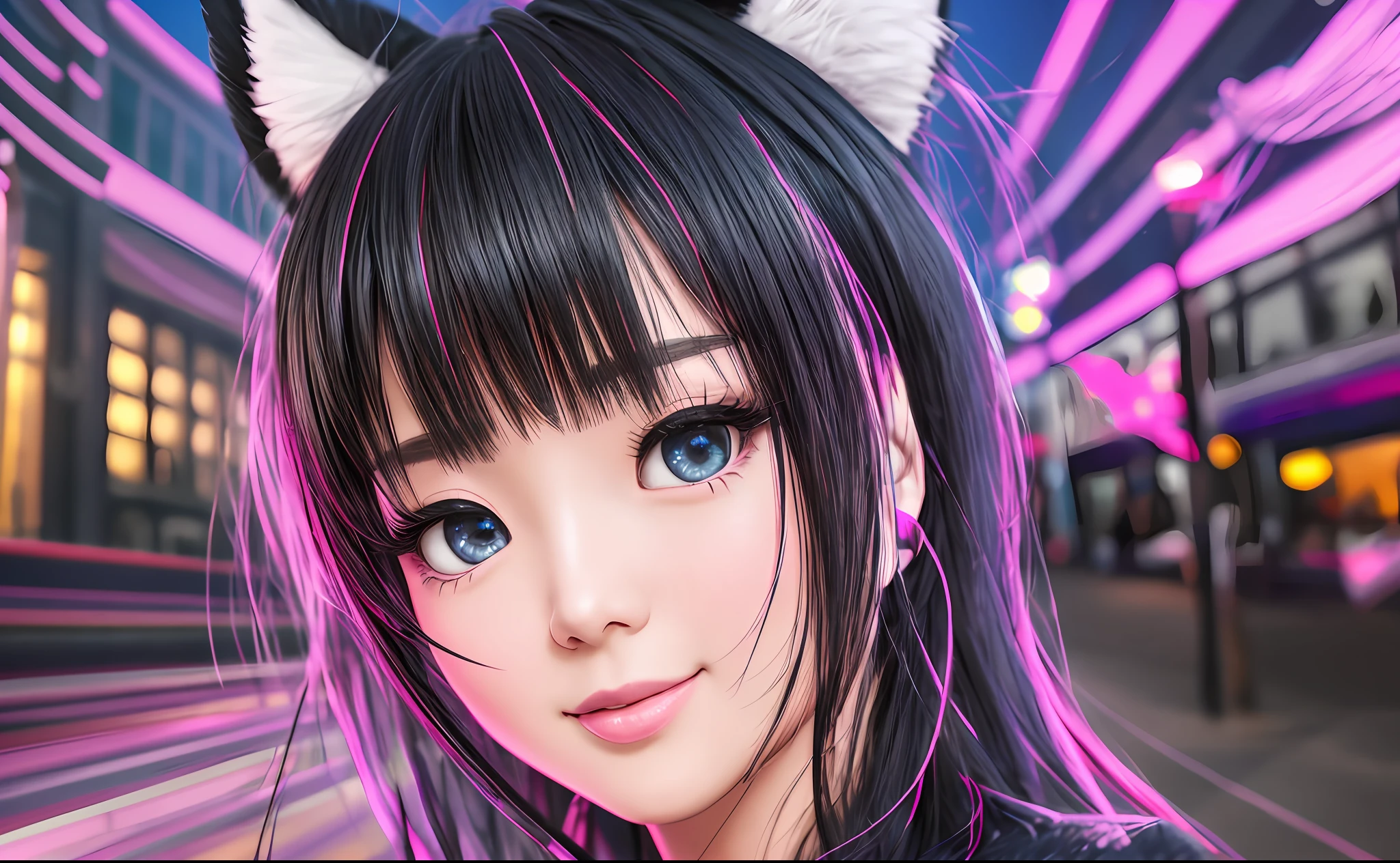 black hair, hair bobbles, wince, longeyelashes, solid circle eyes, fake animal ears, light smile, ear blush, fang, best quality 1 girl, Surrealism, drop shadow, anaglyph, stereogram, tachi-e, pov, atmospheric perspective, depth of field, cinematic lighting, 8k, super detail, ccurate, UHD, masterpiece, ccurate, textured skin, super detail, high details, high quality, best quality, highres --auto --s2