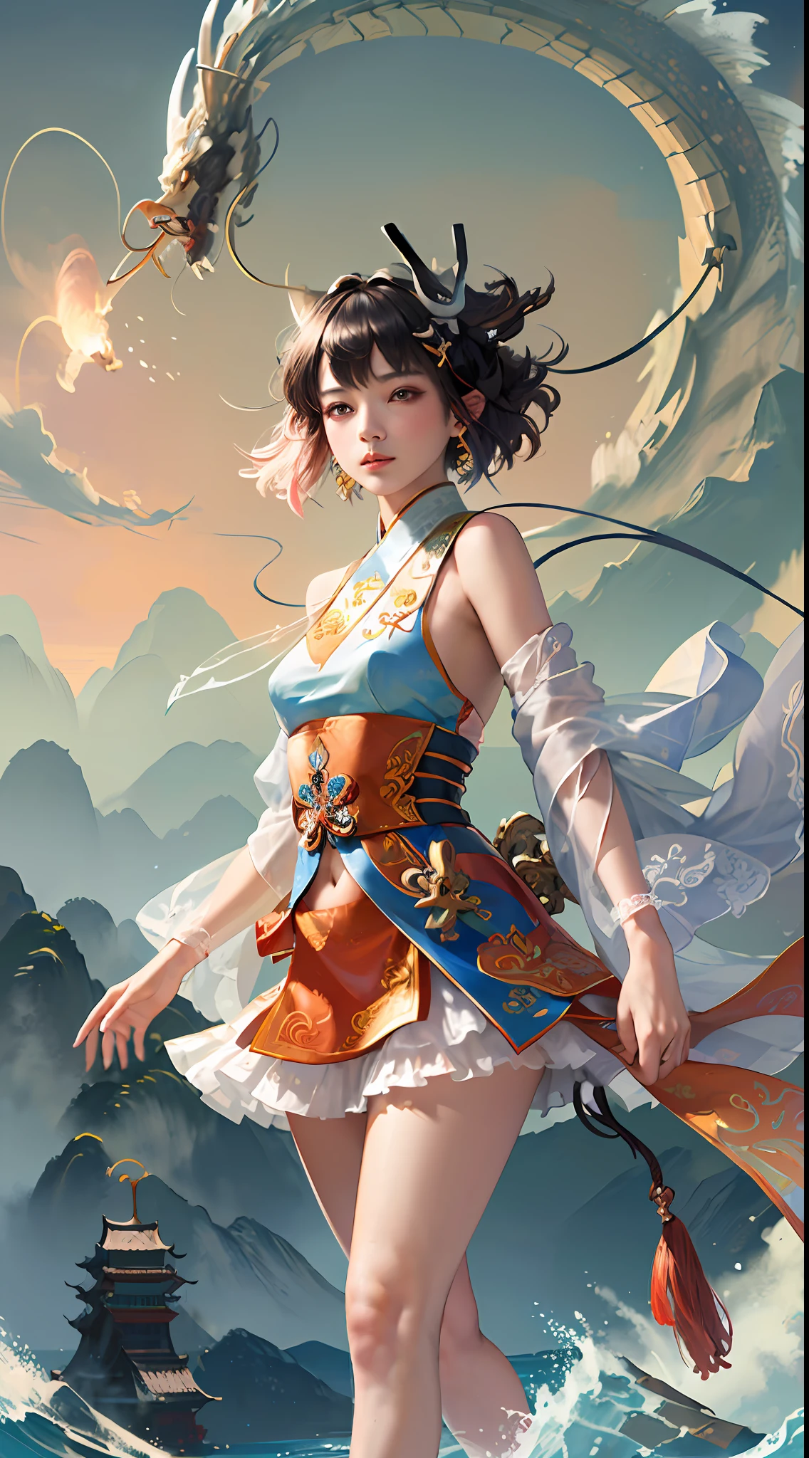 Official Art, Unified 8K Wallpapers, Ultra Detailed, Beautiful and Aesthetic, Masterpiece, Best Quality, (Zentangle, Tangle, Entangle), (fractal art: 1.4), 1girl, black hair, Chinese, off-the-shoulders, short skirt, calf, navel, extreme hand detail, very detailed, dynamic angle, cowboyshot, (most beautiful form of chaos), ethereal, (bright colors), oc, (half: 1.2), china, (thangka flying sky: 1.5), (ribbon: 1.3), (dream: 1.5), (hanfu: 1.5), Chinese phoenix, (smile: 0.5), (Chinese deity),