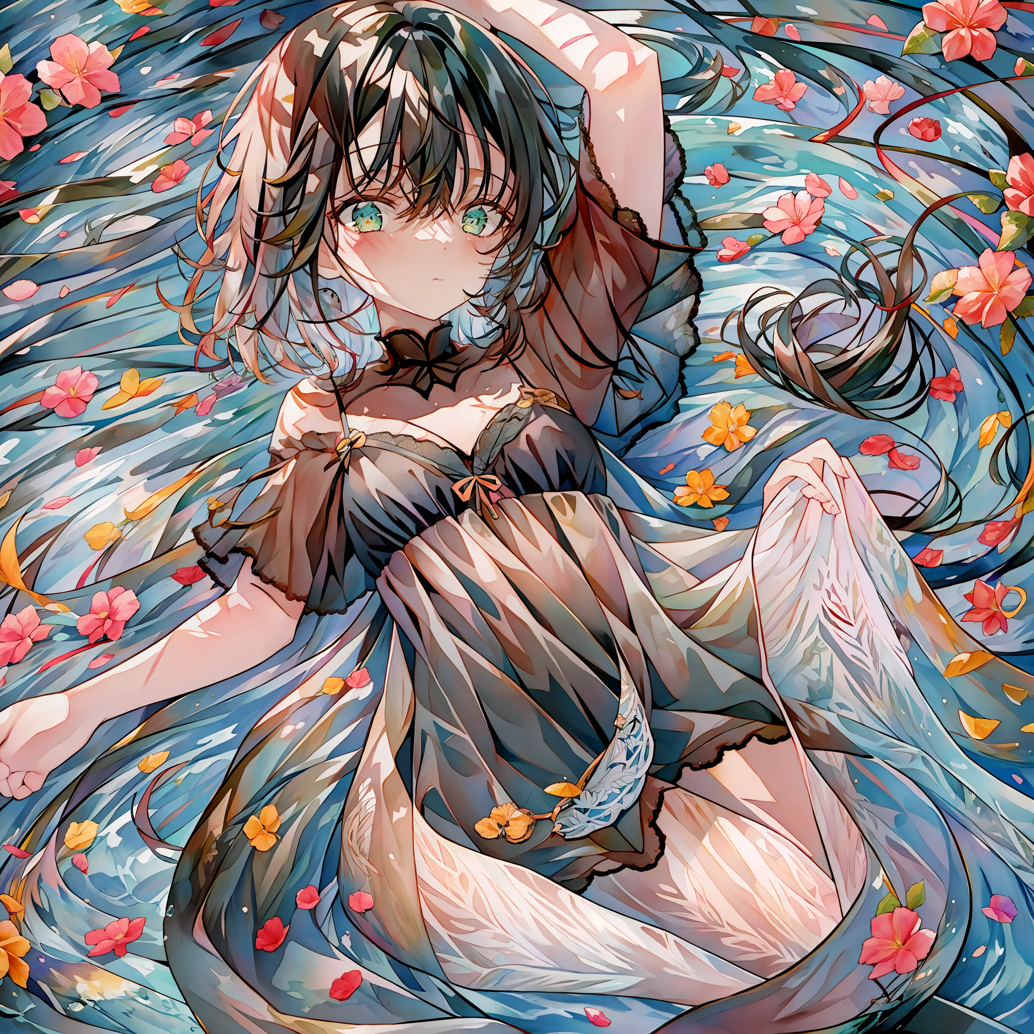 {{{{masterpiece}}}},{{best quality}},{{official art}},{{extremely detailed cg unity 8k wallpaper}},{{{artbook}}},1girl,black hair,short hair,green eyes,black clothes,dark theme,silence,dreemcore,poolcore,white room,night,lying on water,dark room,lace dress,full body,darkness
