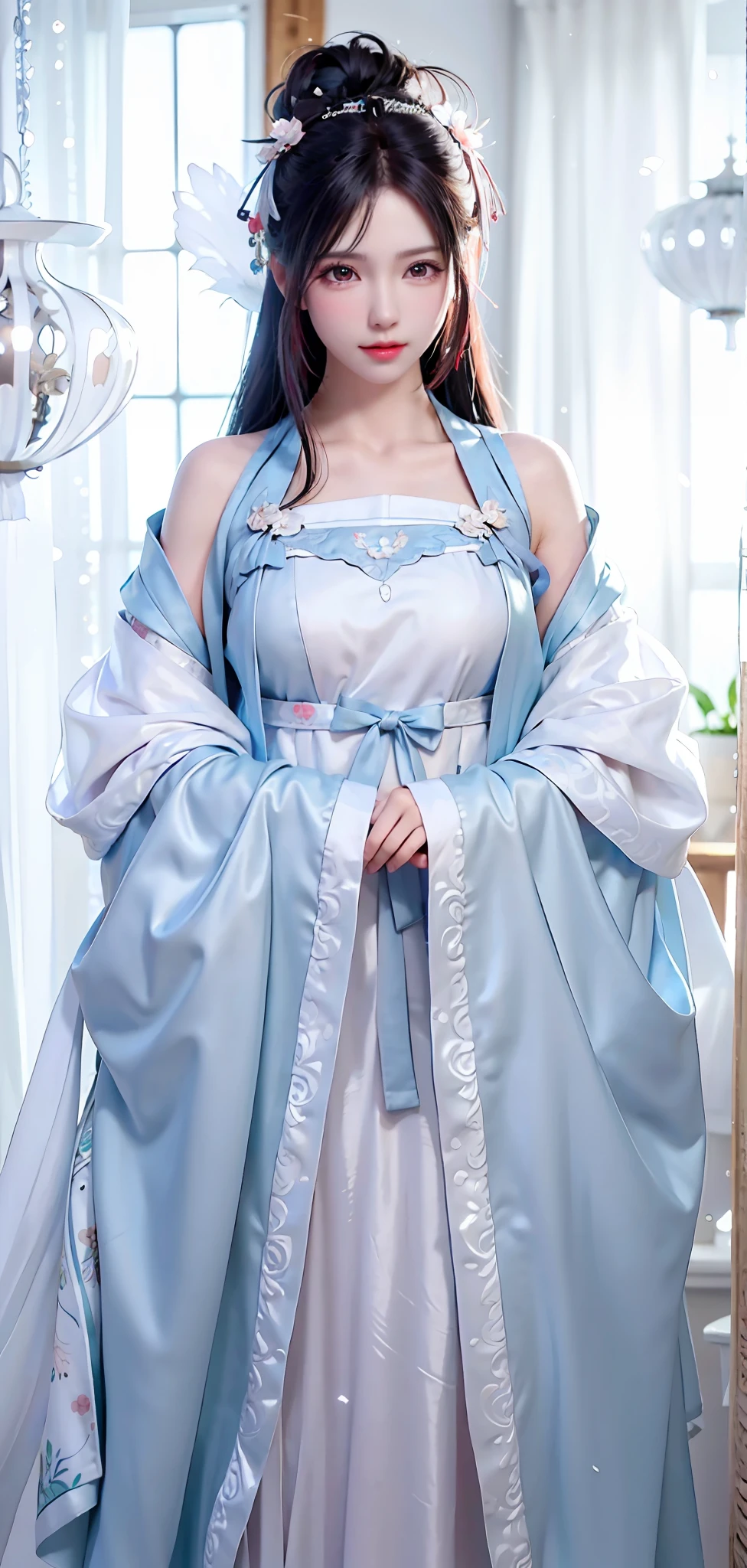 [:( High Detail Face:1.2):0.1], (8k, RAW photo, best quality, mastery:1.2), (realistic, photo-realistic:1.37), (((back))),((upper body)), best quality, HDR, cinematic lighting, natural lighting, best quality, masterpiece, high resolution, 1girl, supple, hair accessory, necklace, jewelry, beautiful face, body, Tyndall effect, realism,, edge lighting, duotone lighting, 8k uhd, DSLR, soft light, high quality, volumetric lighting, photo, high resolution, 4k, 8k, bokeh, ((Hanfu)),