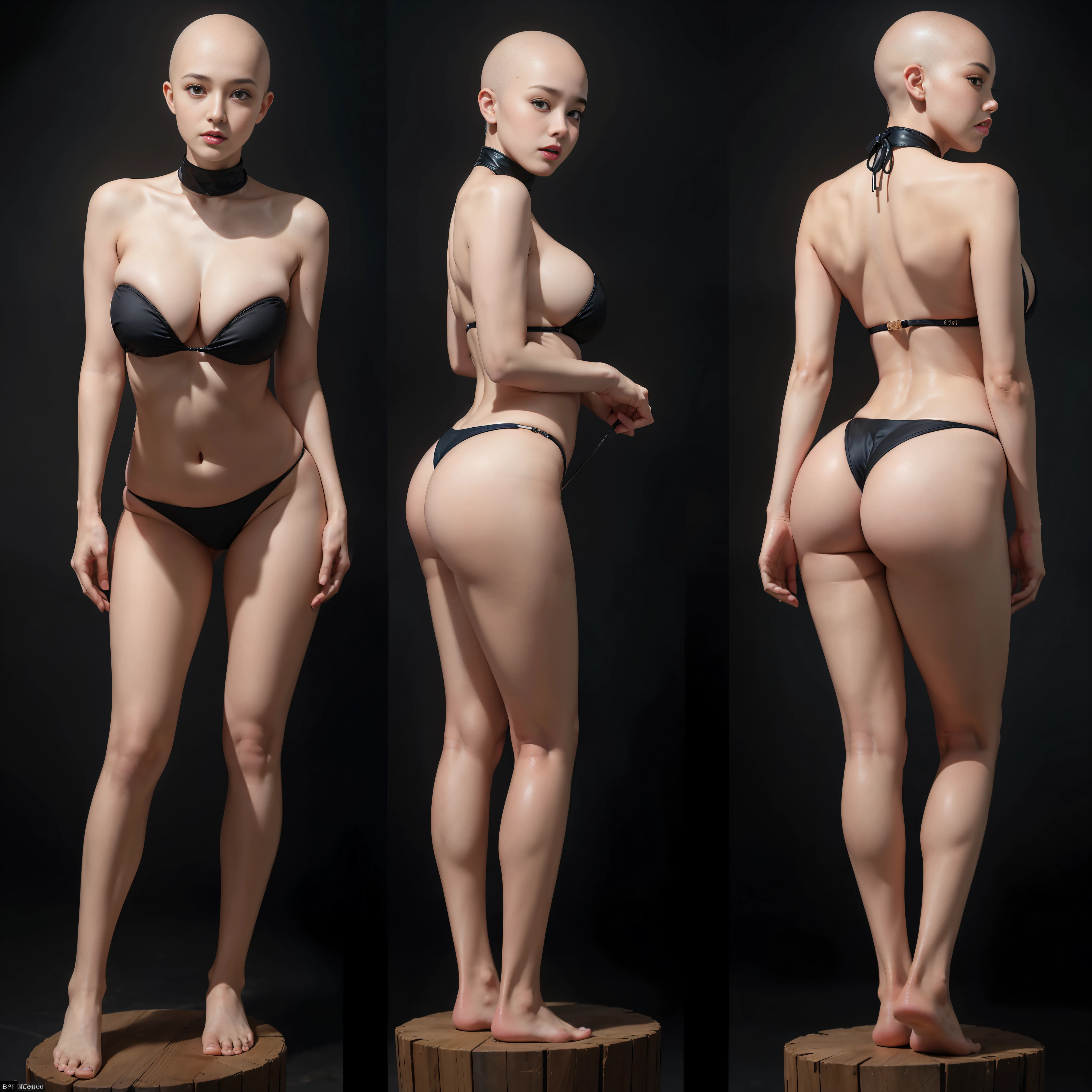 Dark solid background, soft light volume lighting, huge and heavily sagging breasts, rounded buttocks, bald head, with a naked woman bent over with her back to the camera, strapless tethered ultra-fine bikini, drooping big breasts, pouting ass,