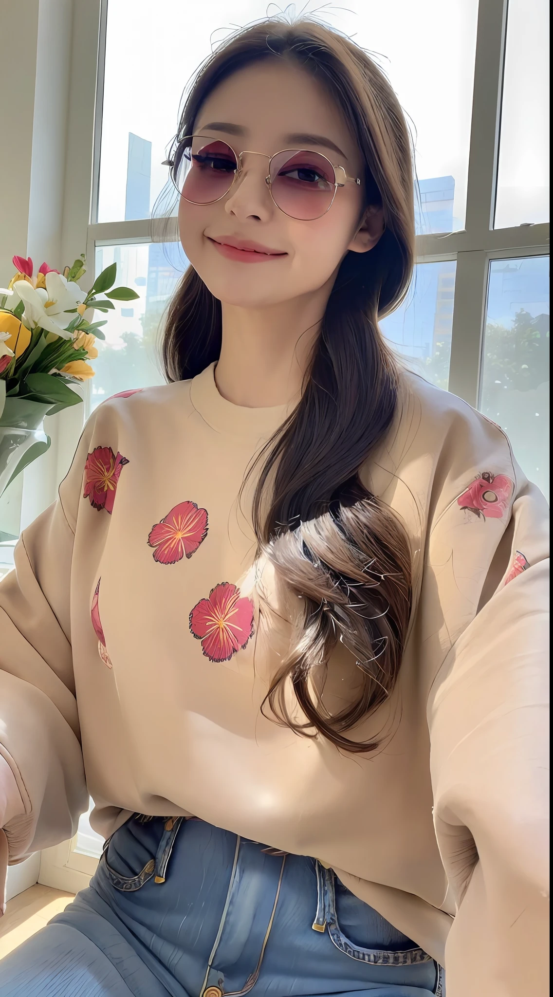 8K resolution, extreme picture quality, super high definition, a beauty, single, thick eyebrows, eyebrows upturned, extreme face, (long hair, tied with two balls hair style), color clear eyes, (smooth hair, delicate and perfect facial features, the most beautiful big eyes, long eyelashes, sweet eyes with silkworms, smile, gentle, seductive lips, smile, seductive smile, delicate skin, shiny, moisturizing skin, blushing face, ribbon trim, sunglasses, heavy makeup, (((wear colorful floral crewneck sweatshirt))), (( (New Perfect Jeans))), background floor-to-ceiling windows, high-rise buildings outside the window, ultra HD, dreamy, photorealistic light and shadow, hyper-realism, highest precision