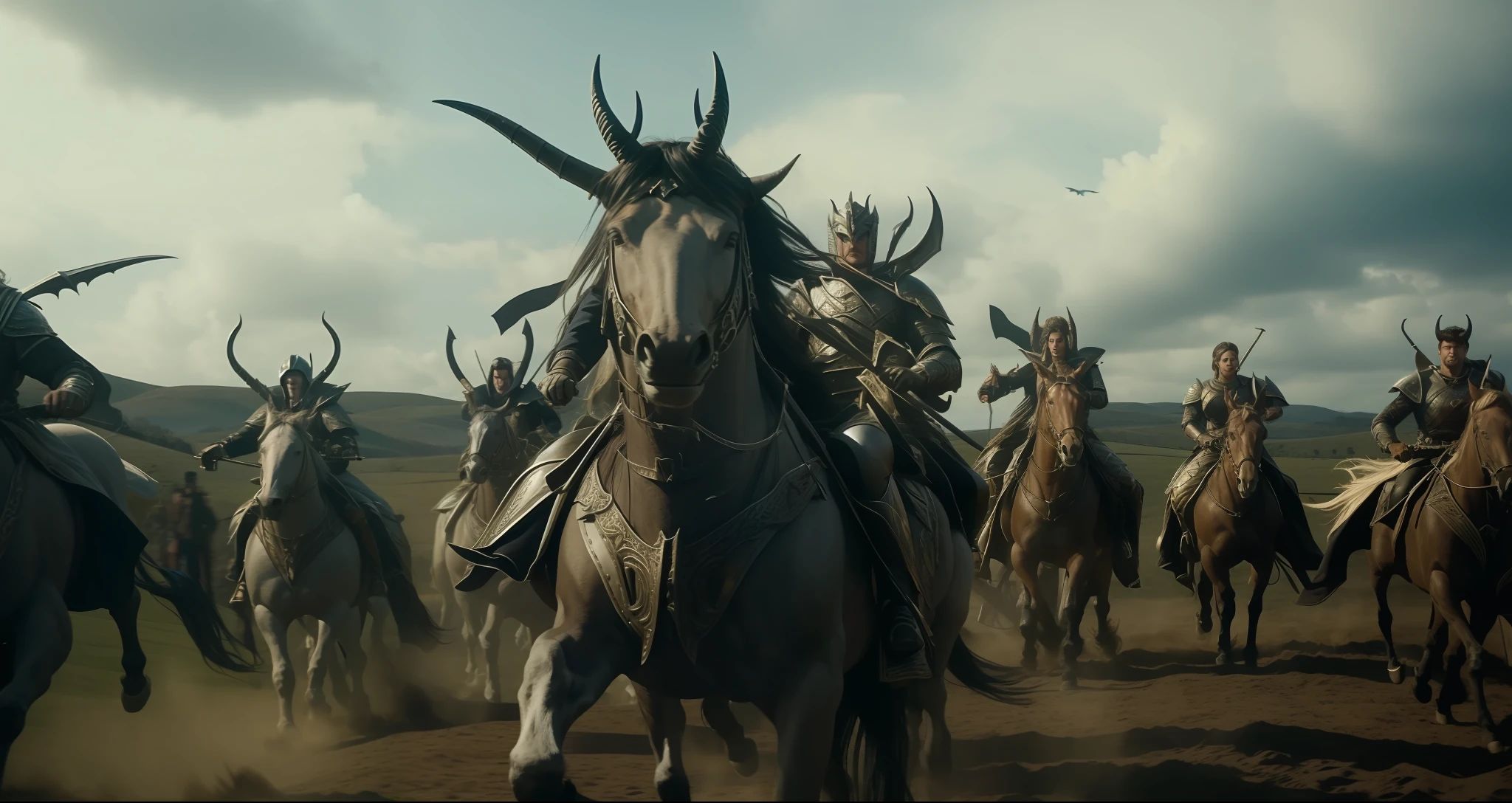 arafed group of men riding horses in a field with a sky background, karl urban as a dragonslayer, animatronics, george miller, unreal engine : : rave makeup, pictured from the shoulders up, curved horns!, award-winning cinematography, female lord of change, inspired by Dorothy Lockwood, epic 3 d oshun, weta