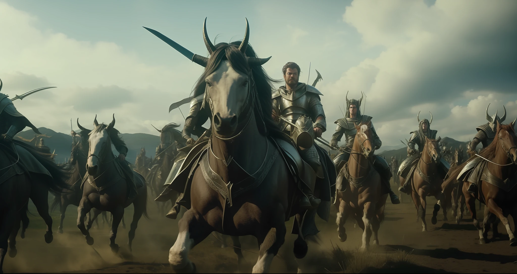 arafed group of men riding horses in a field with a sky background, karl urban as a dragonslayer, animatronics, george miller, unreal engine : : rave makeup, pictured from the shoulders up, curved horns!, award-winning cinematography, female lord of change, inspired by Dorothy Lockwood, epic 3 d oshun, weta