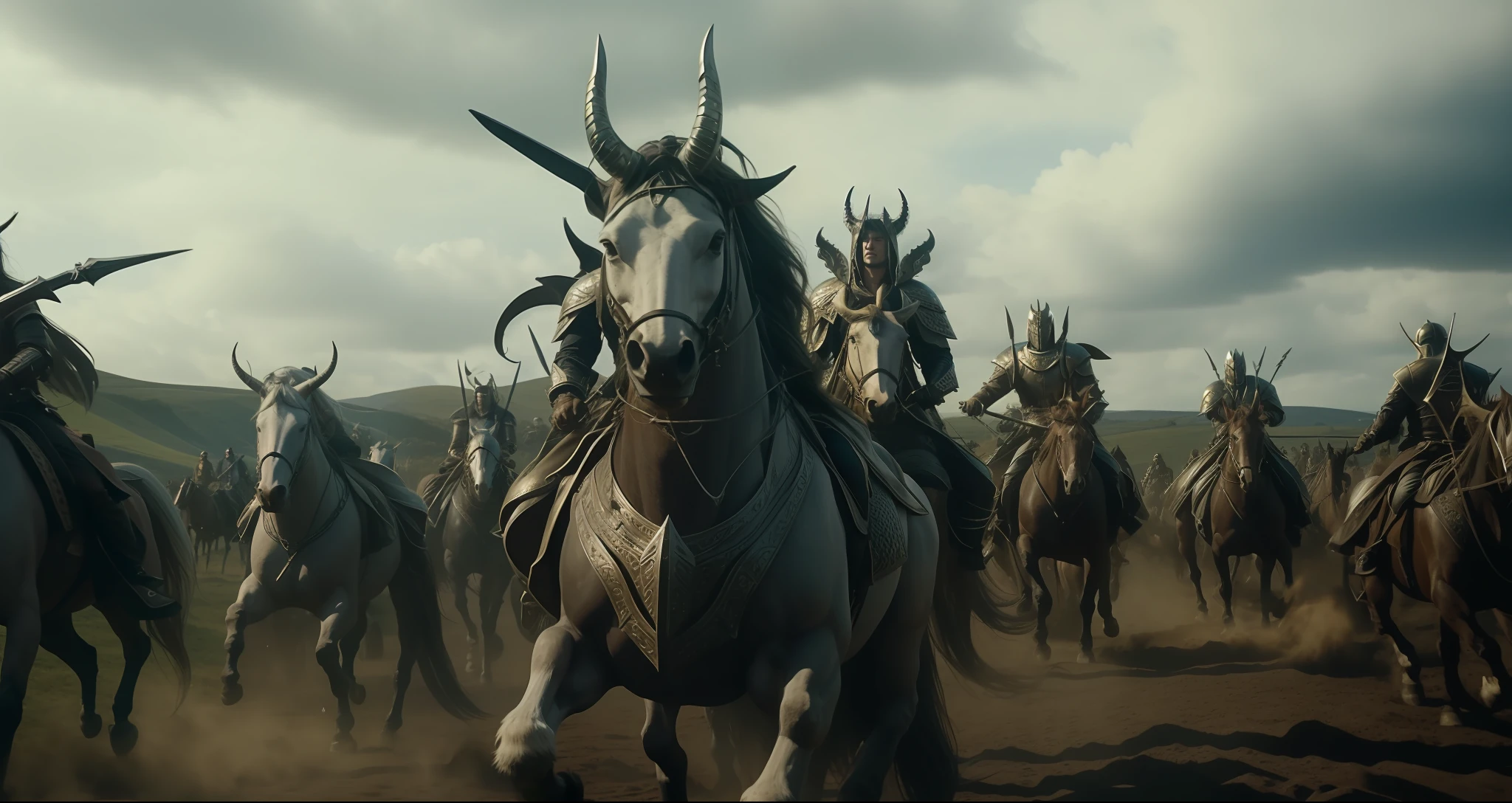 arafed group of men riding horses in a field with a sky background, karl urban as a dragonslayer, animatronics, george miller, unreal engine : : rave makeup, pictured from the shoulders up, curved horns!, award-winning cinematography, female lord of change, inspired by Dorothy Lockwood, epic 3 d oshun, weta