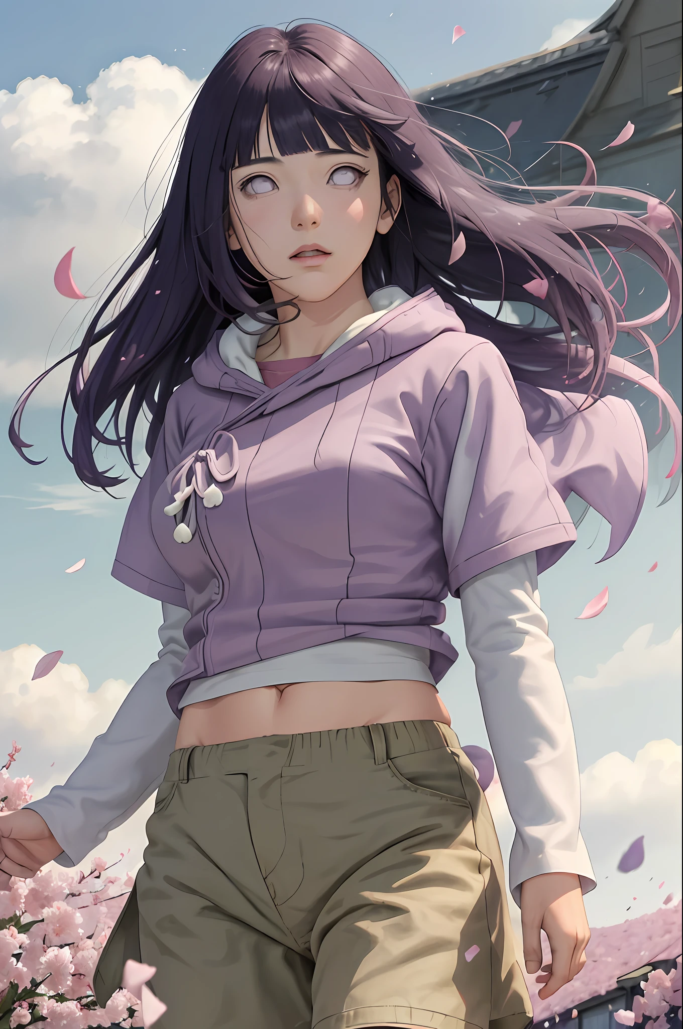 masterpiece, absurdres, hinata\(boruto\), 1girl, solo,mature female, purple hoodie,layered sleeves, brown pants, outdoors,lavender flower field, wind, floating hair, looking at viewer, (falling petals), cloudy sky, perfect composition, detailed lips, medium breast, beautiful face, body propotion, blush, (pink lips), long hair
