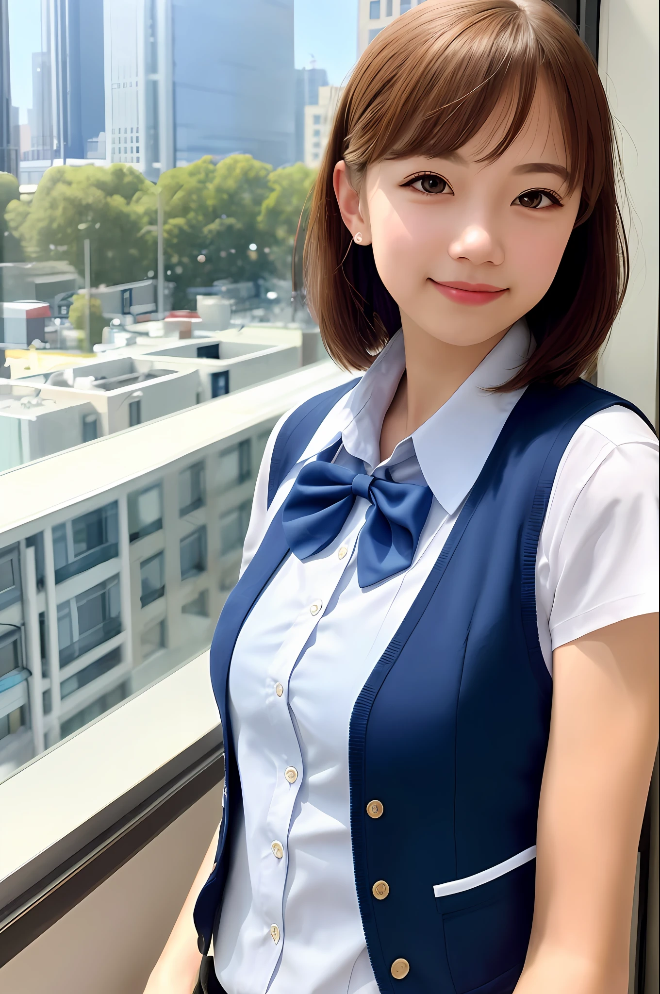 1girl, matured female, vest, bow, photo, realistic, best quality, hires, detailed face, office, buildings from window, detailed background, diffused sunlight, depth of field, bokeh
