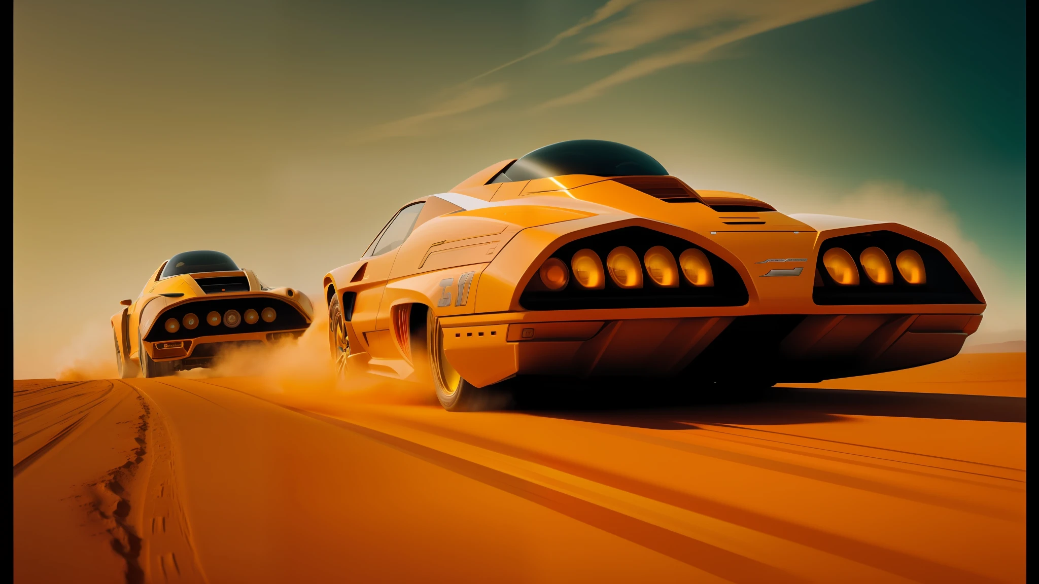there are two vehicles that are driving in the desert, syd mead color scheme, yellow-orange, 2 0 2 1 cinematic 4 k framegrab, dust clouds | homoerotic, spelljammer, by Colin Middleton, pixar rendering, sportscar, speed (1994), by Don Maitz, cupertino, diesel punk