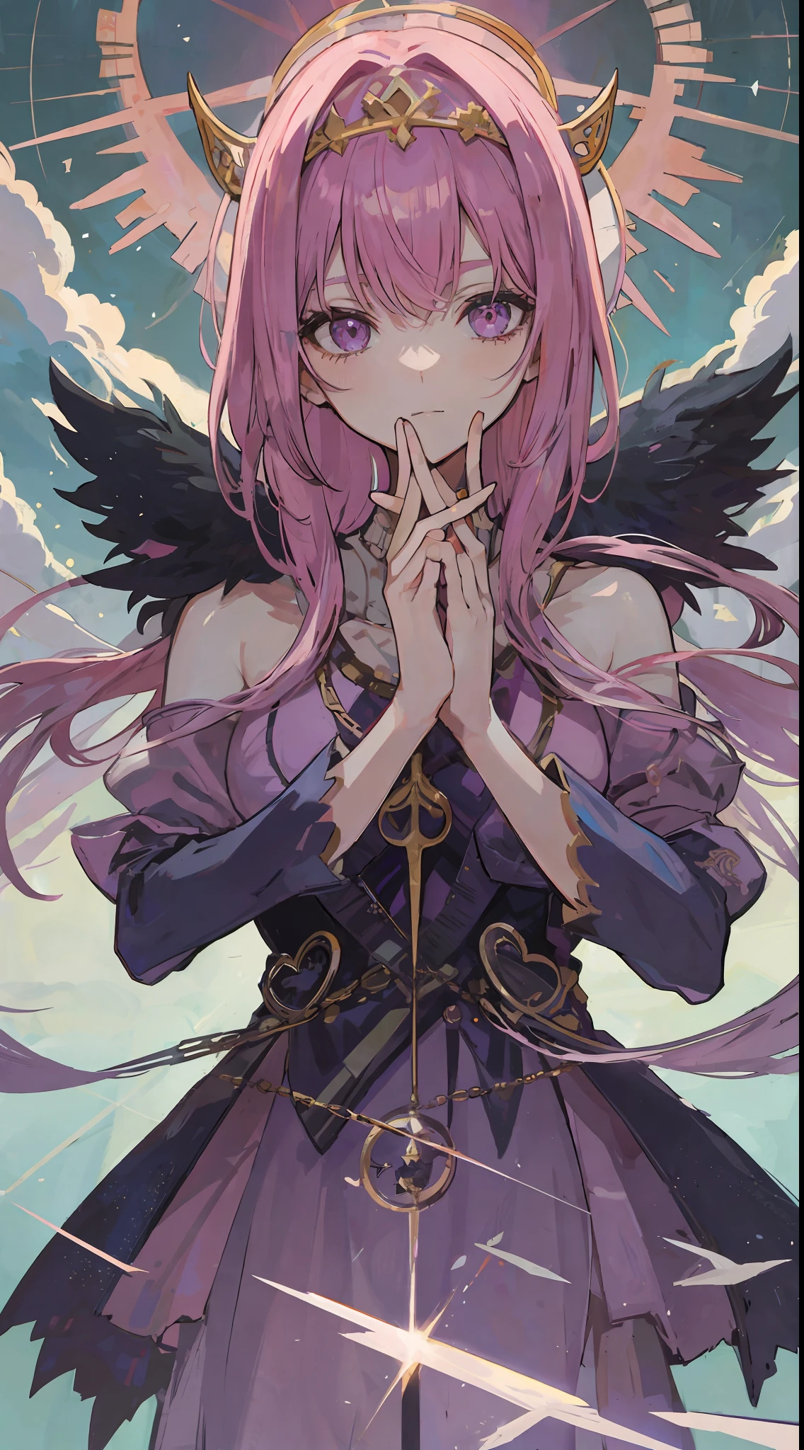 1Girl, pink hair, sharp purple eyes, wear divine crown, make it like tarot anime-style but no tarot frame