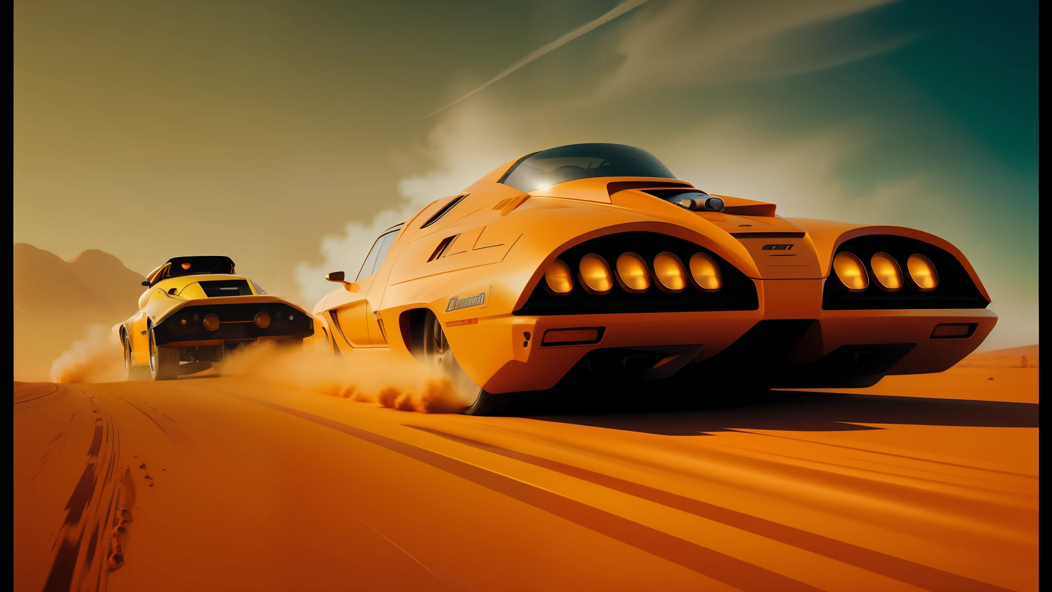 there are two vehicles that are driving in the desert, syd mead color scheme, yellow-orange, 2 0 2 1 cinematic 4 k framegrab, dust clouds | homoerotic, spelljammer, by Colin Middleton, pixar rendering, sportscar, speed (1994), by Don Maitz, cupertino, diesel punk