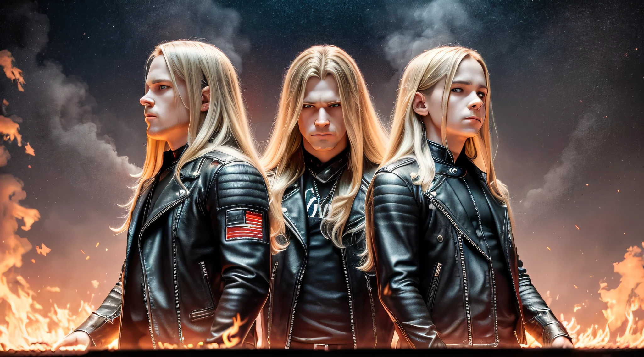 3 BOYS Russian children with 20 years WITH LONG STRAIGHT BLONDE HAIR, LEATHER JACKET AND BLACK CLOTHING, PORTRAIT STYLE, a closeup, album cover, evil album cover, alternate album cover, metal album cover, album cover, 2 0 0 6 promotional publicity photo, metallica, heavy rock band promotional photo, drew struzan tomasz alen kopera, album art, album cover art, megadeth, maiden, album, heavy metal album cover, LOTS OF FIRE, HELLISH.