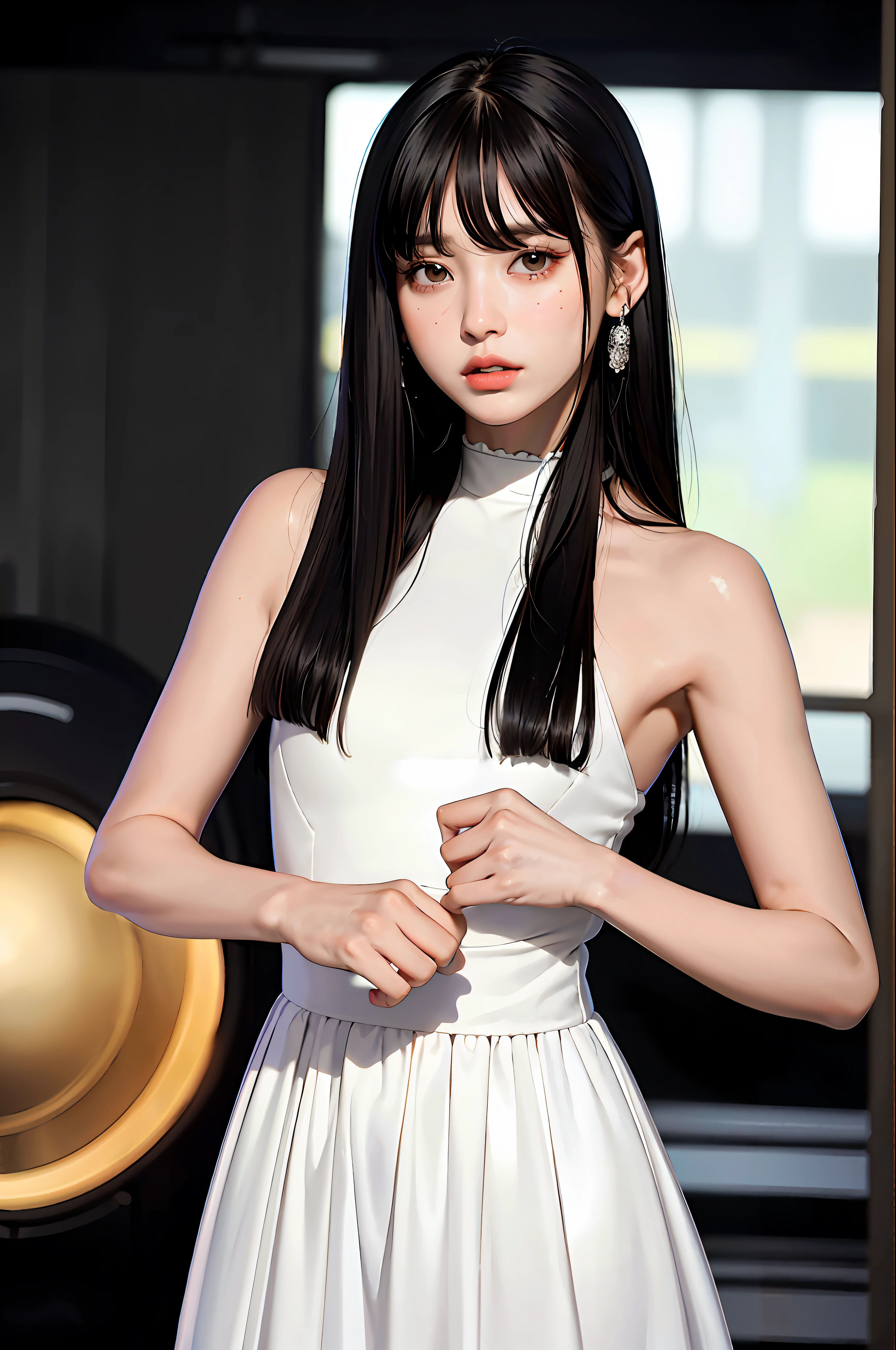 Masterpiece, Best Quality, (Dark Photo: 1.3), Realistic, 1girl, Flat Bangs, Stunning Innocent Symmetrical Face, Dress, Emotional, Ulzzang, (PureErosFace_V1:0.7)