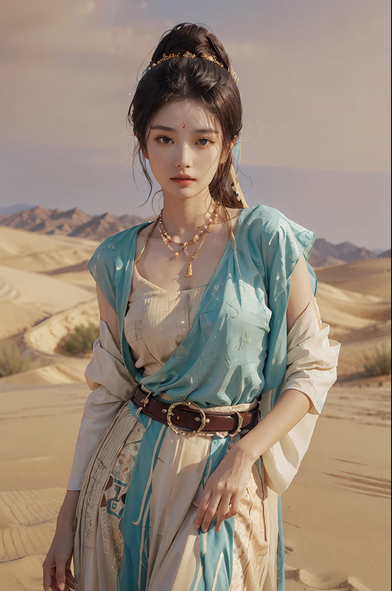 (Masterpiece: 1.3), best quality, high resolution, a tall and beautiful woman with dense textured skin, fine double eyelids and bright eyes, dark brown wavy hair, dunhuang_dress, dunhuang_clothes, around a belt, wearing a necklace, (desert dunes as a background), presenting beautiful facial details and skin texture.