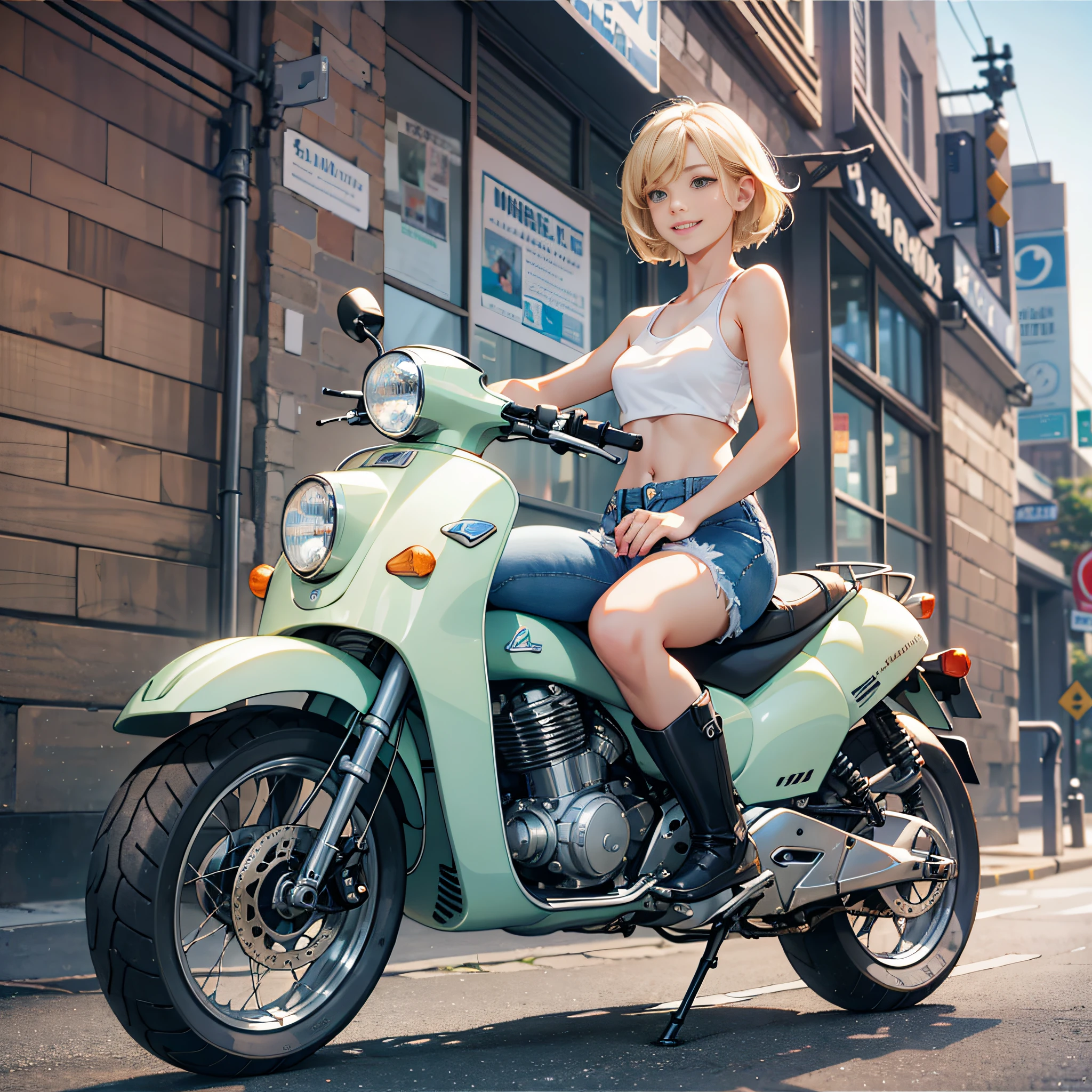 {{masterpiece, best quality, extremely detailed CG, unity 8k wallpaper, cinematic lighting}}, A city with a harbor and an e-scooter. The protagonist is a stunning upper body girl 1 person blonde short bob silver smile, wearing a white tank top, distressed denim shorts, engineer boots, and riding the e-scooter. beauty,